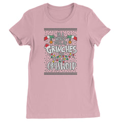 Holiday graphic with stockings, ornaments, snow, and colorful lights on a Women's Heavyweight Cotton T-Shirt