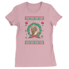 Women's Heavyweight Cotton T-Shirt with ugly-sweater style Christmas pun, boxer portrait in wreath, gloves, trees, and snowflakes