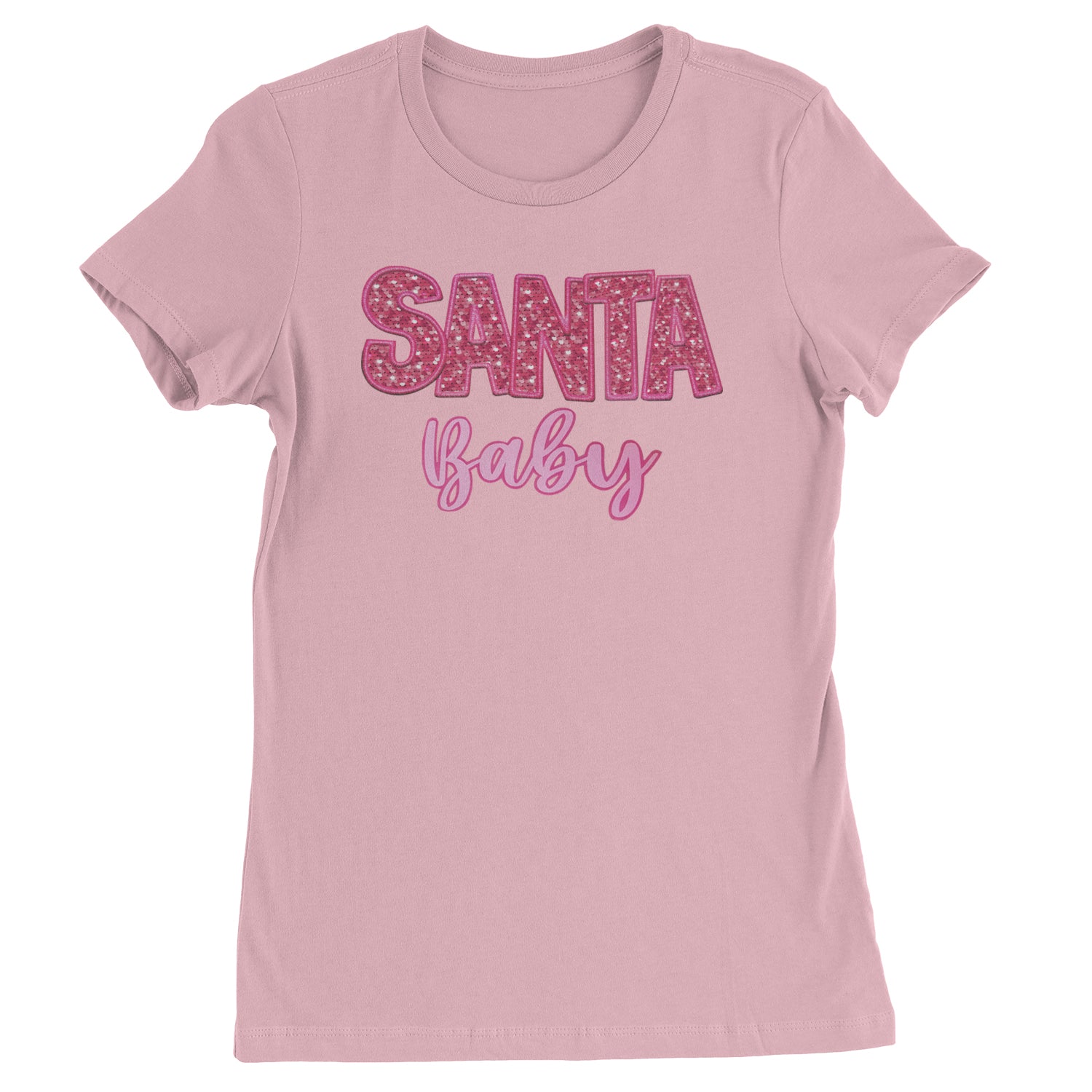 Santa Baby Faux Patch and Sequins  Womens T-shirt Light Pink