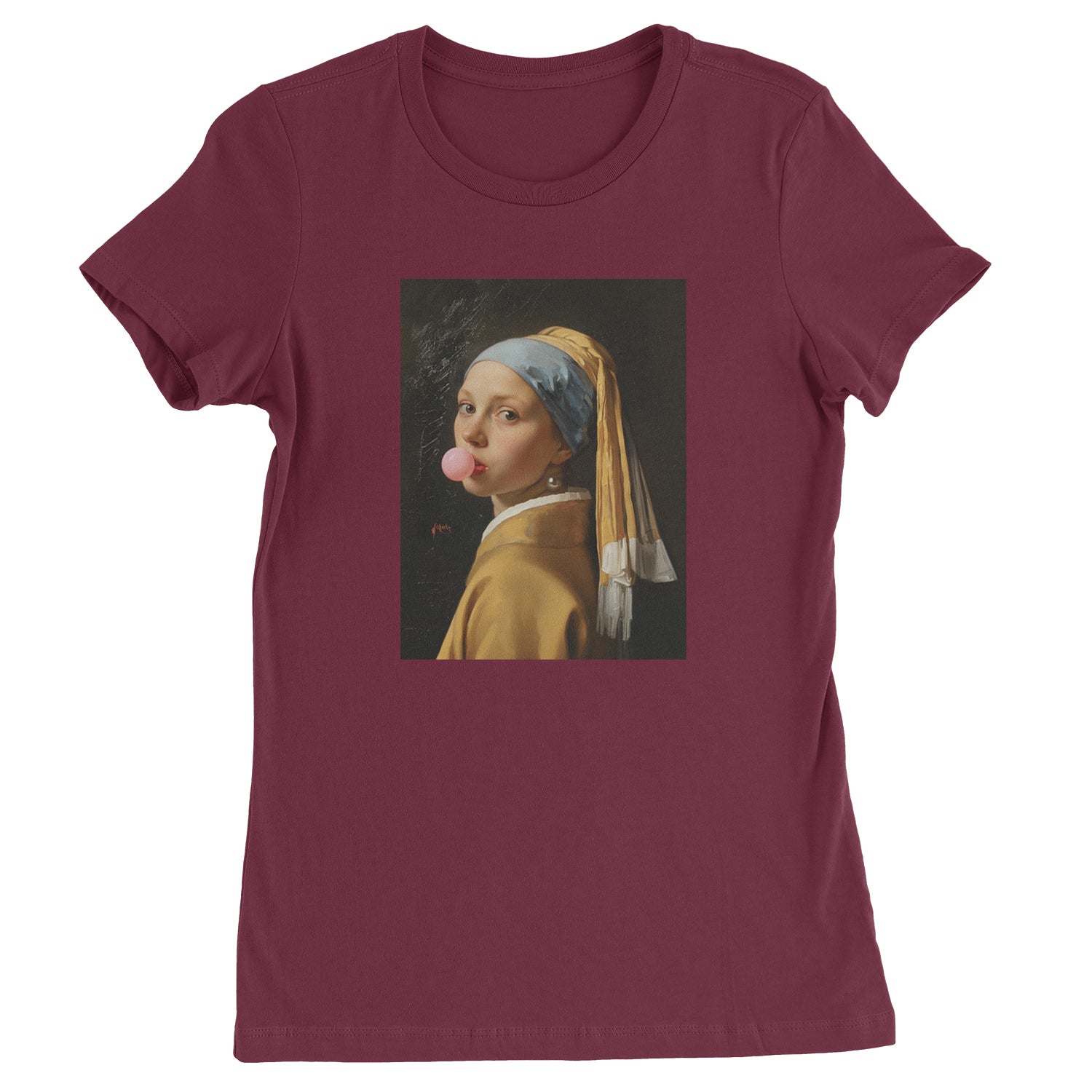 Girl with a Pearl Earring Bubble Gum Contemporary Art Womens T-shirt Maroon