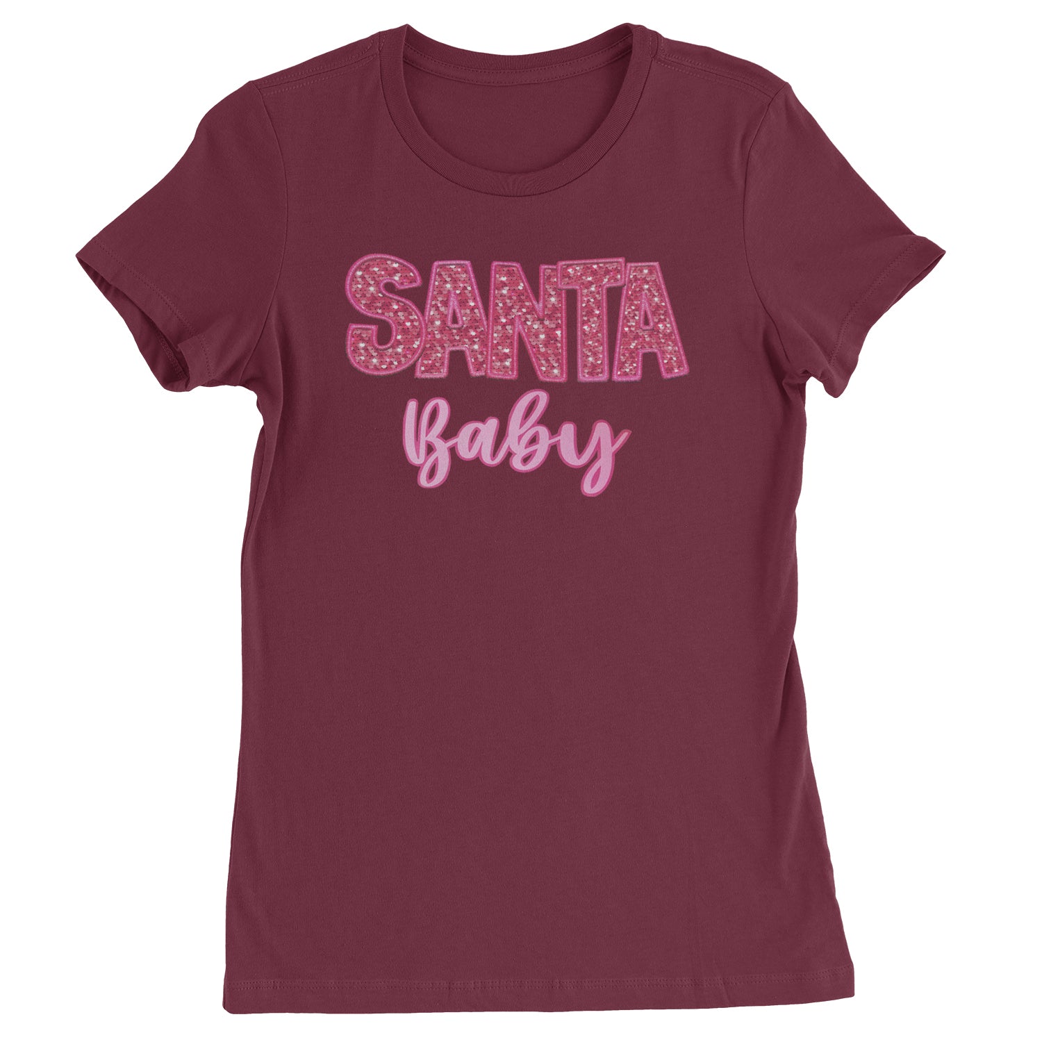 Santa Baby Faux Patch and Sequins  Womens T-shirt Maroon