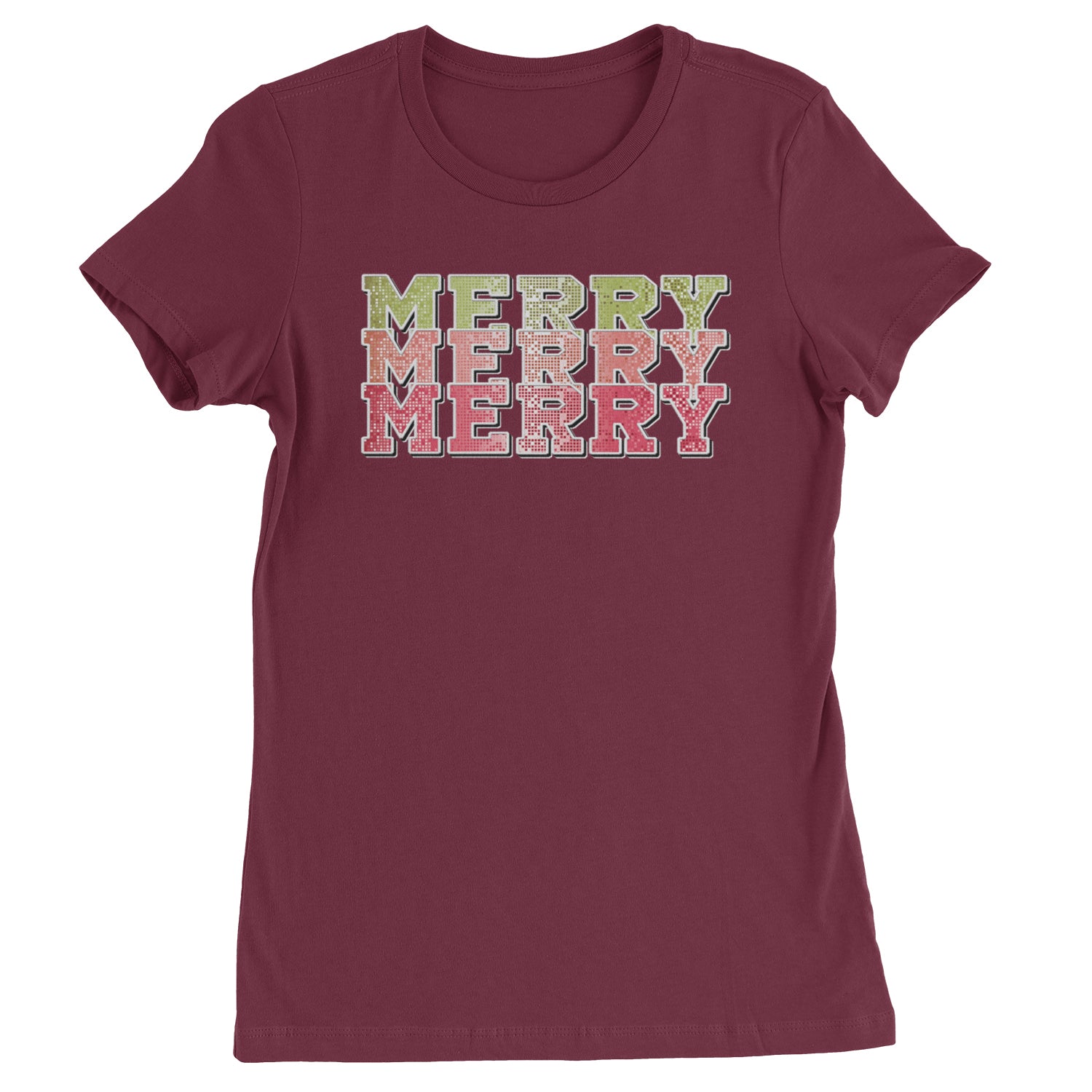 Merry Merry Merry Faux Sequins  Womens T-shirt Maroon