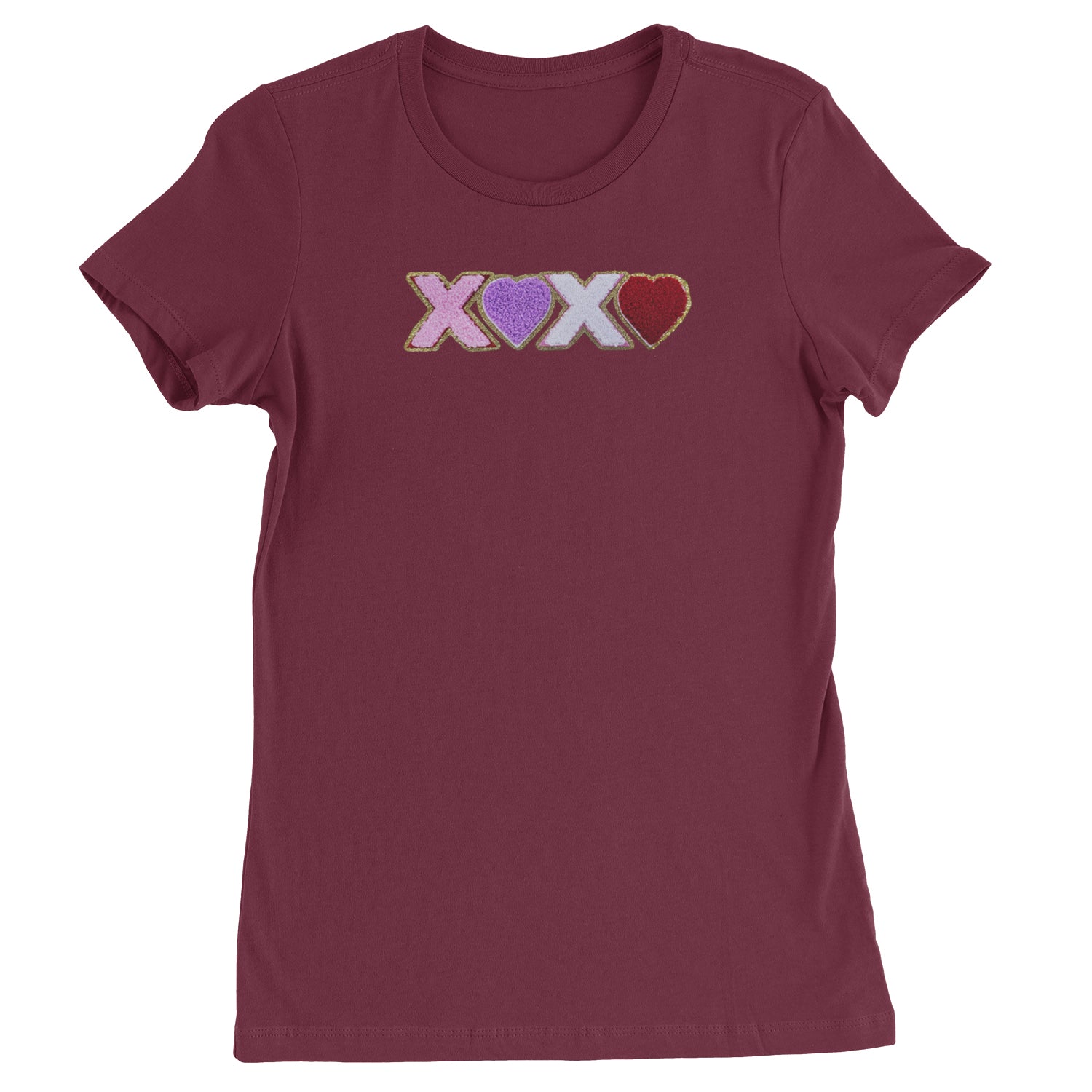 XOXO Chenille Patch Valentines Days  Womens T-shirt Maroon