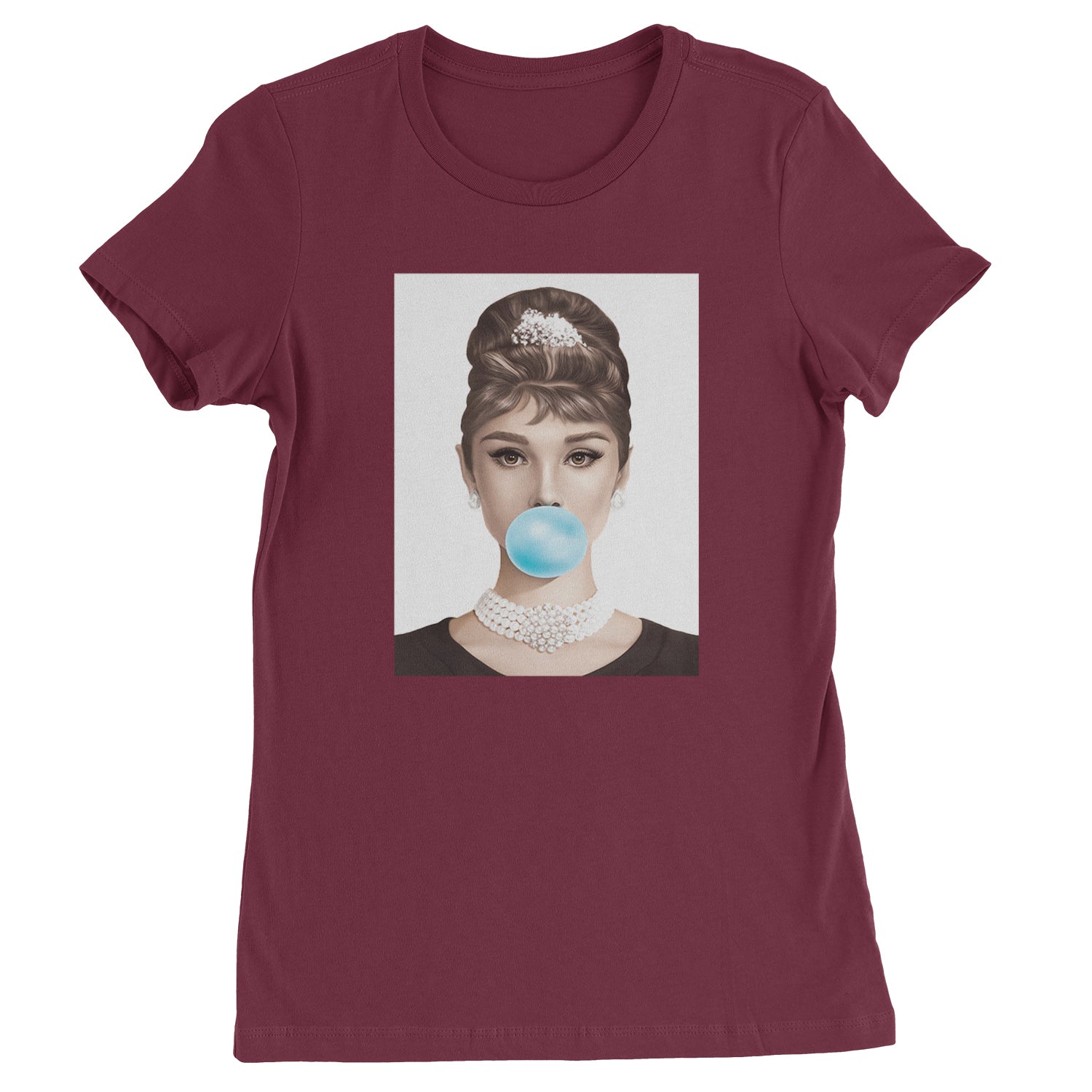 Audrey Hepburn Chewing Bubble Gum American Icon Womens T-shirt Maroon