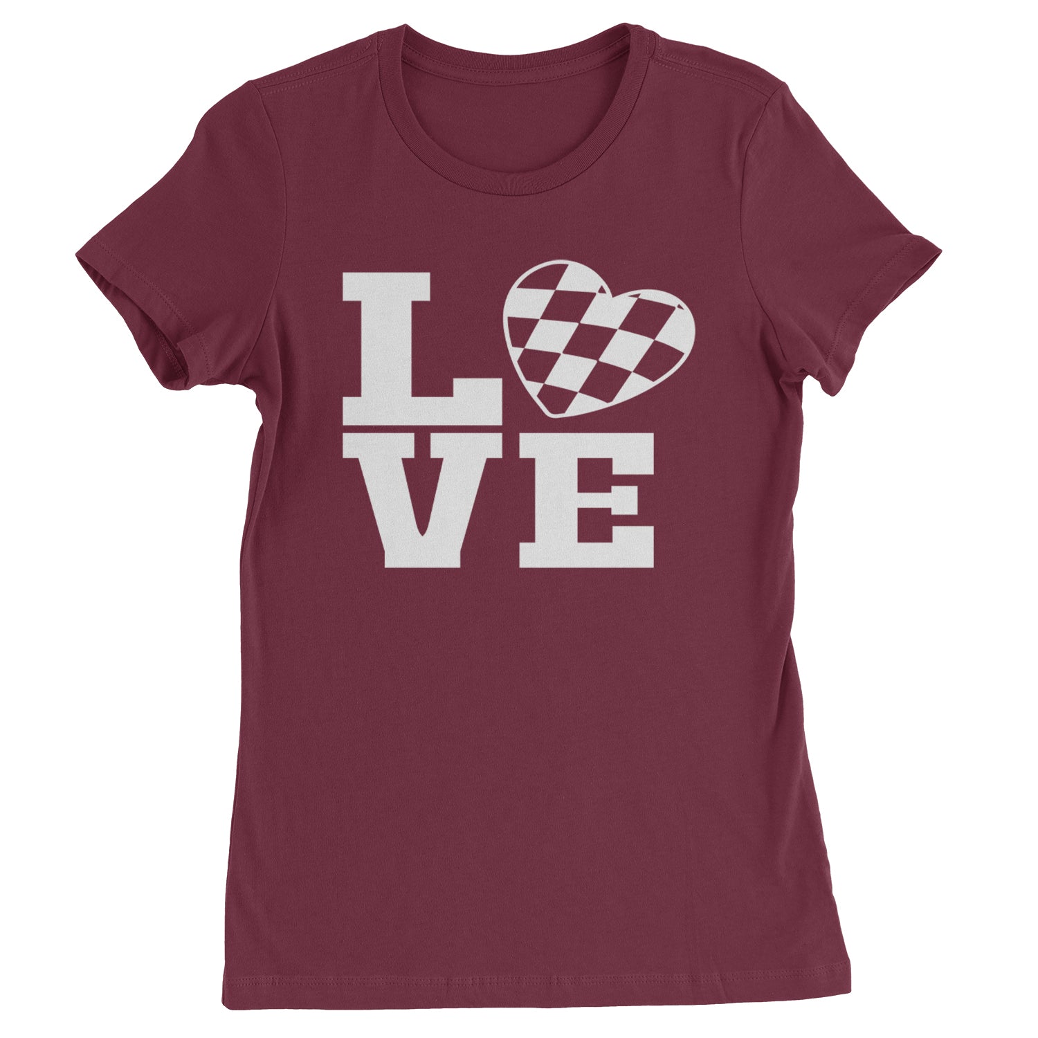 Love Racing Checkered Flag Heart Womens T-shirt Maroon