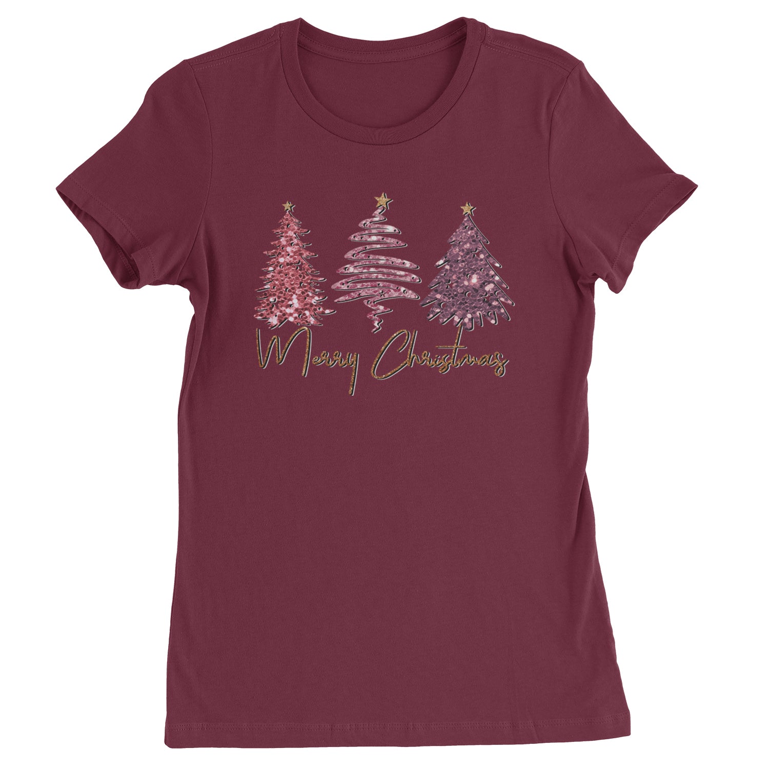 Merry Christmas Faux Glitter Trees  Womens T-shirt Maroon