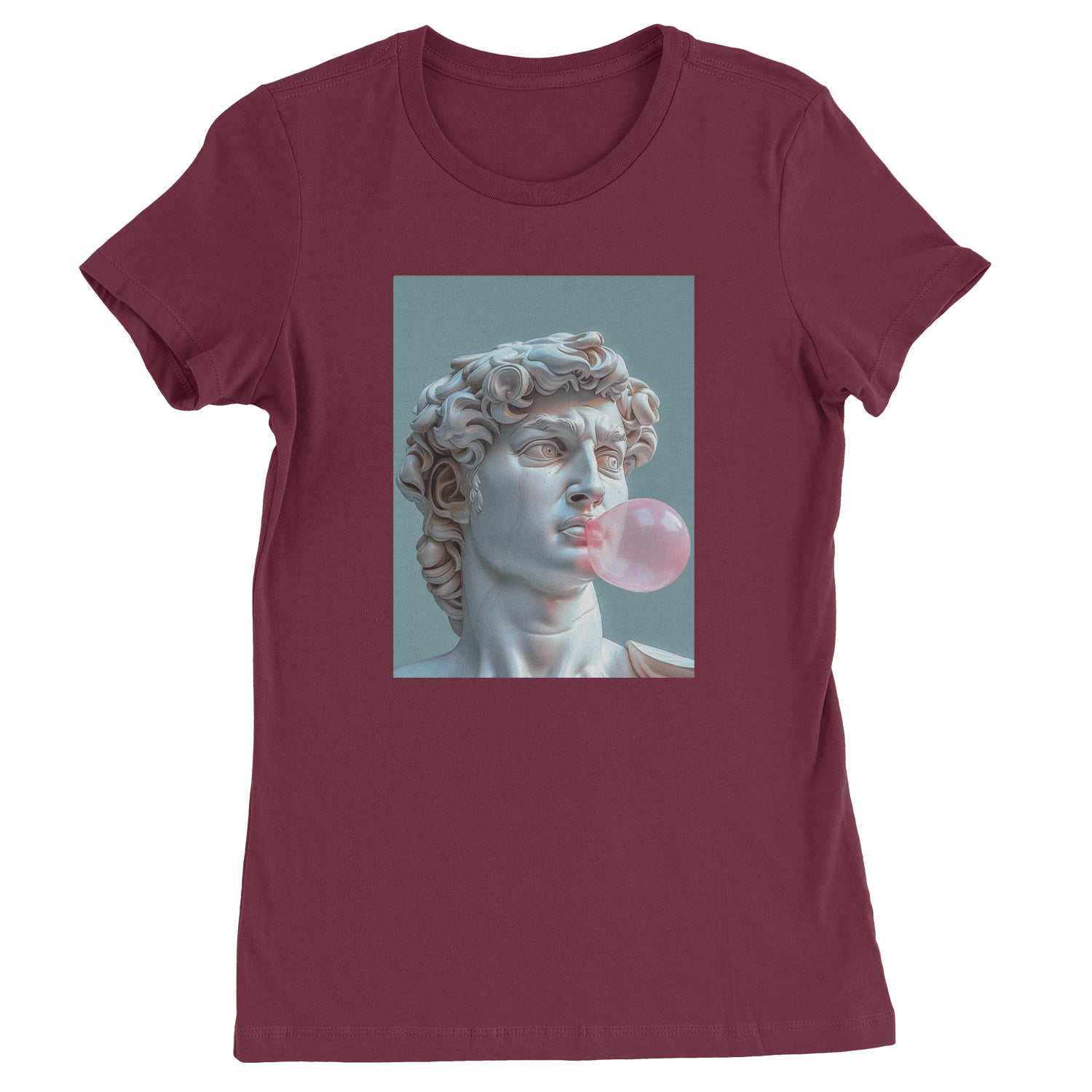 Michelangelo's David with Bubble Gum Contemporary Statue Art Womens T-shirt Maroon