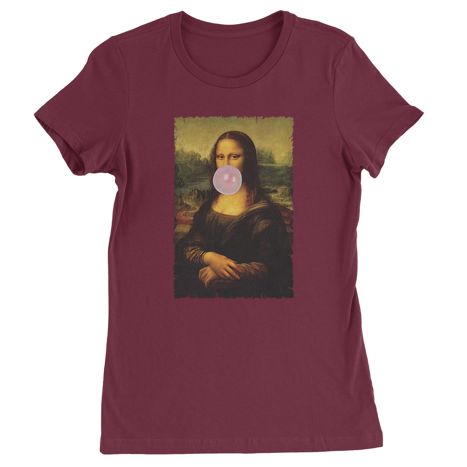 Mona Lisa Smile Pink Bubble Gum Da Vinci Icon Womens T-shirt Maroon