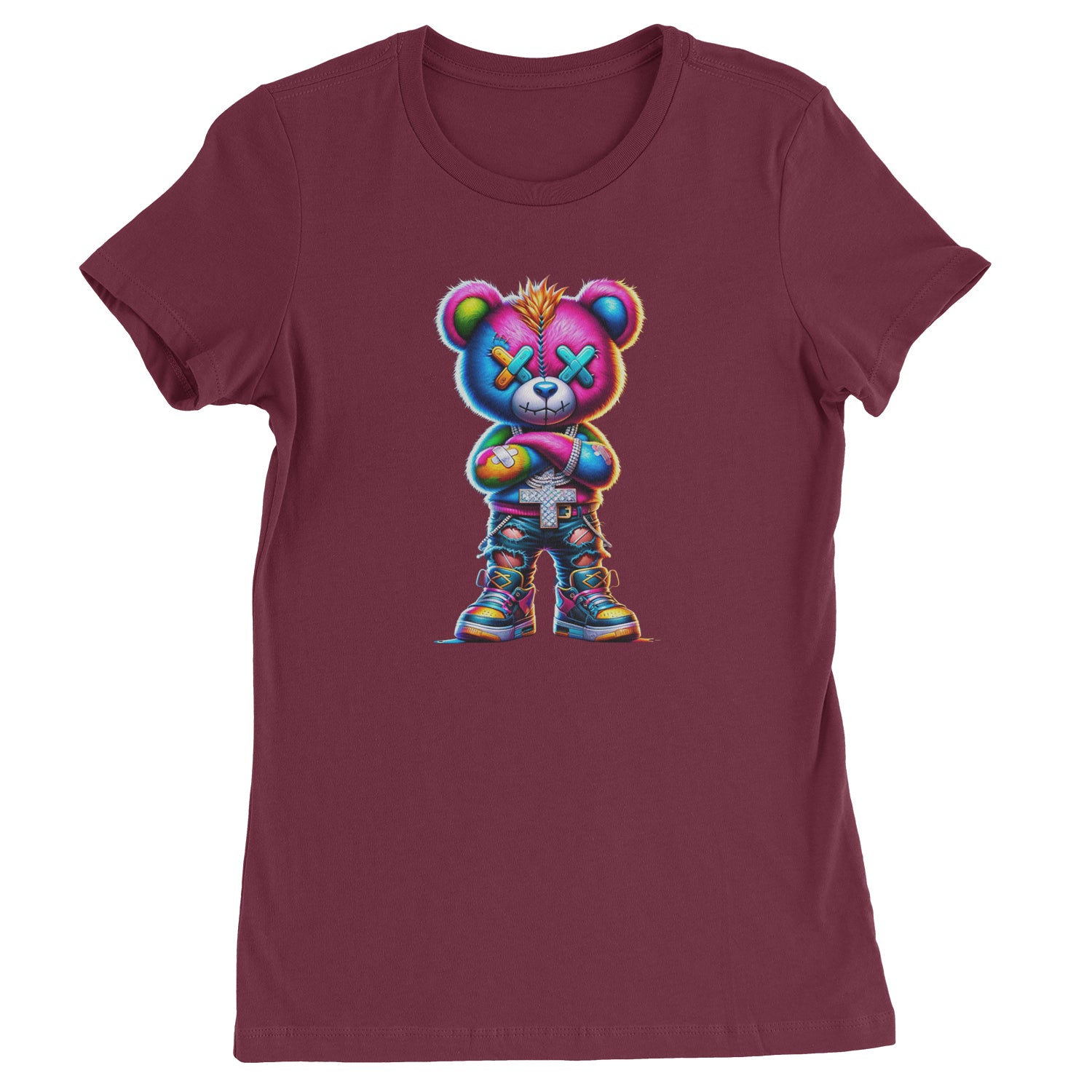 Stitched Neon Urban Graffiti Bear  Womens T-shirt Maroon