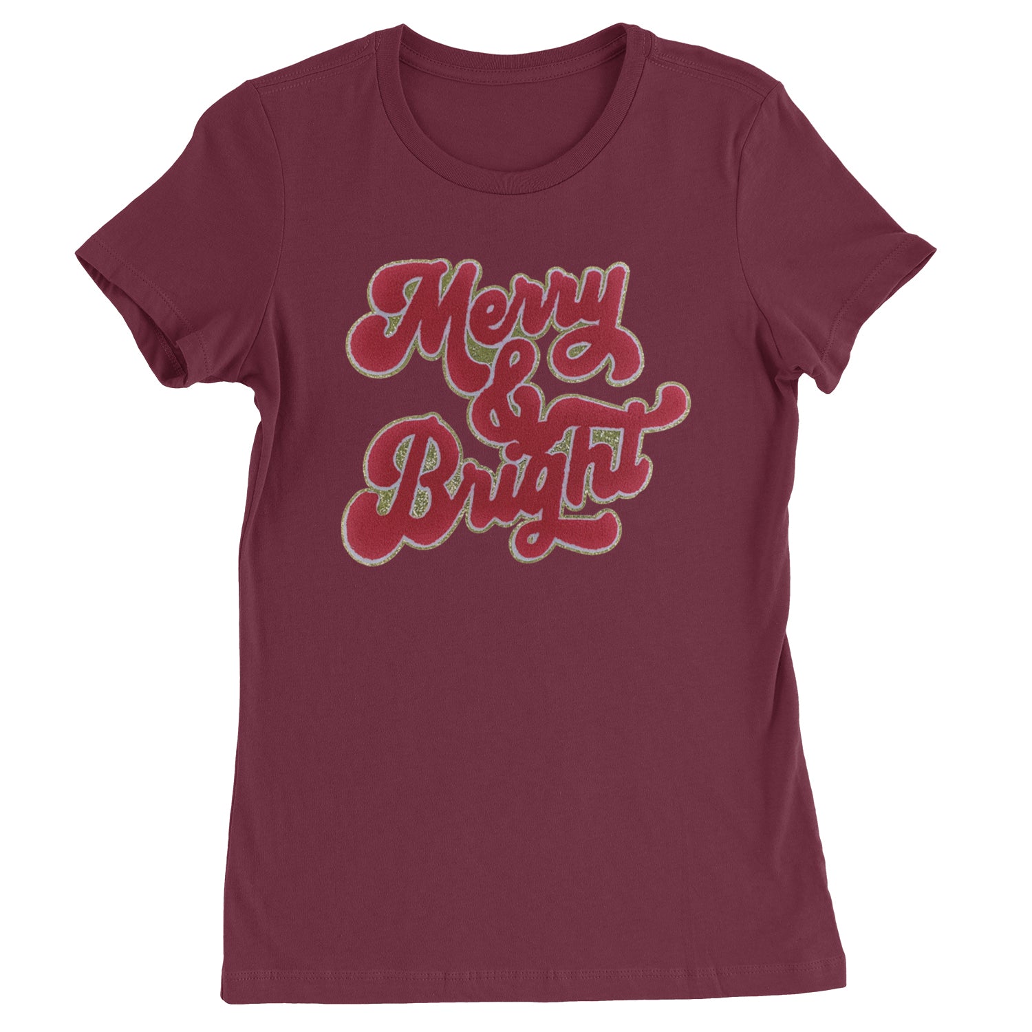 Merry & Bright Chenille Glitter  Womens T-shirt Maroon