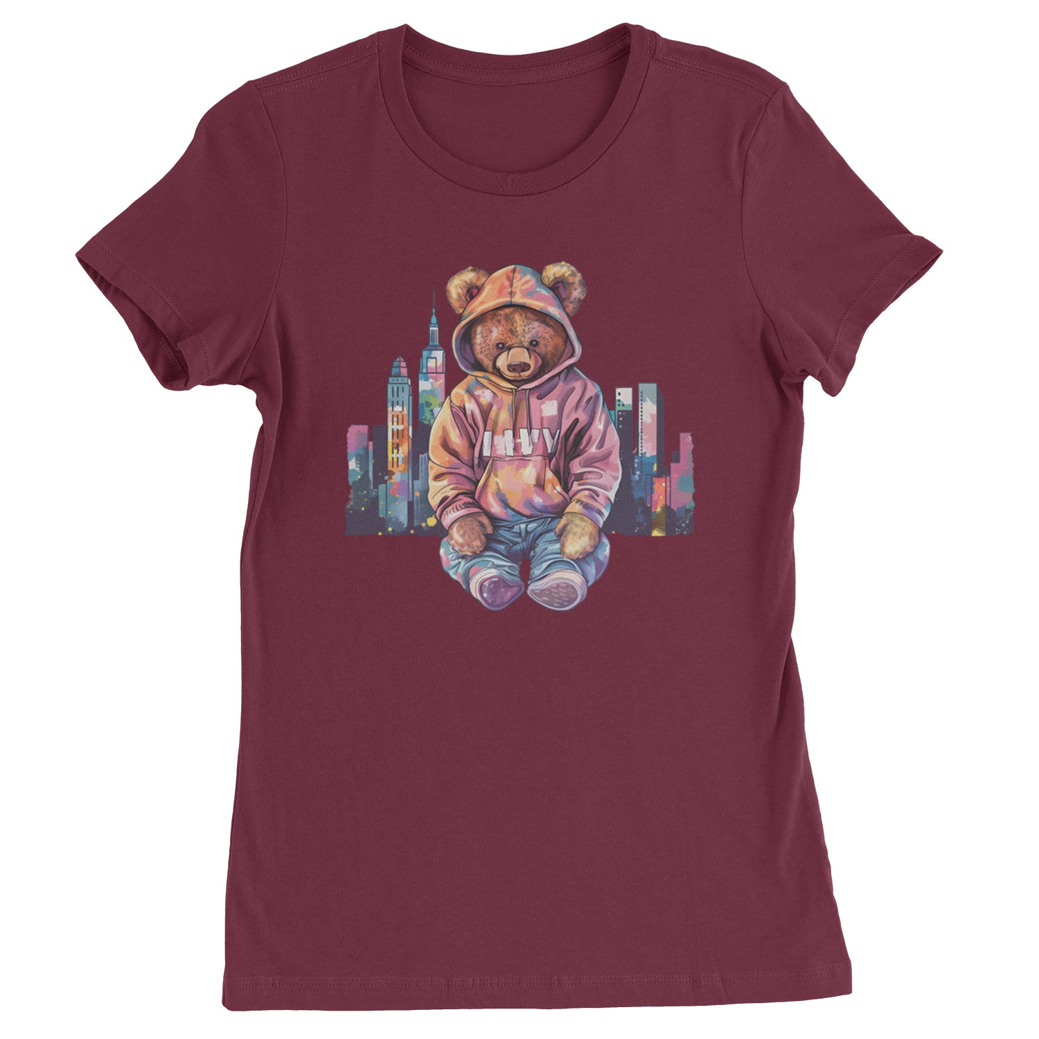 City Skyline Urban Graffiti Bear  Womens T-shirt Maroon