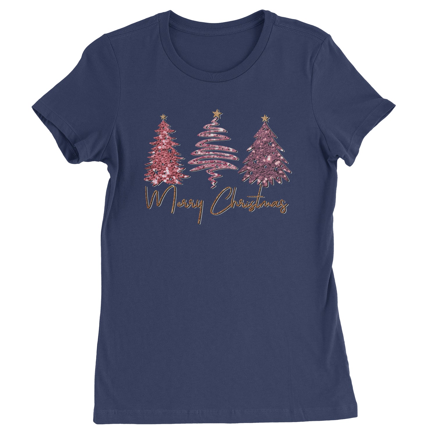 Merry Christmas Faux Glitter Trees  Womens T-shirt Navy Blue