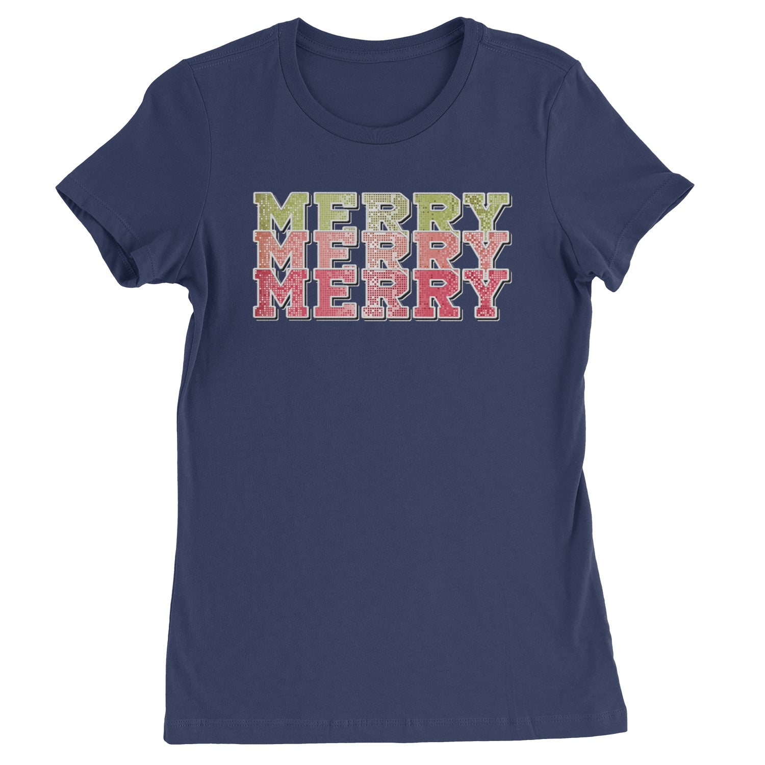 Merry Merry Merry Faux Sequins  Womens T-shirt Navy Blue