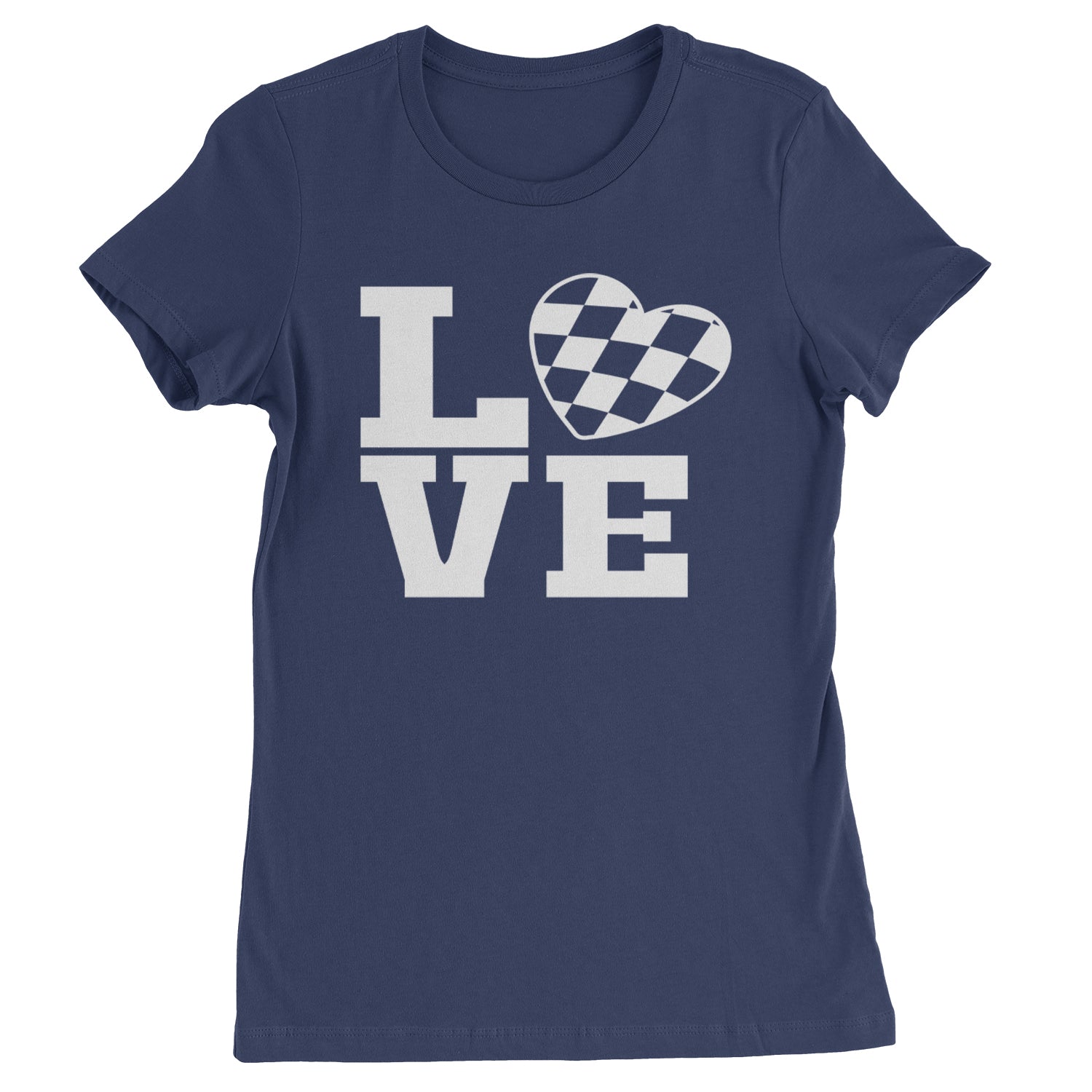 Love Racing Checkered Flag Heart Womens T-shirt Navy Blue