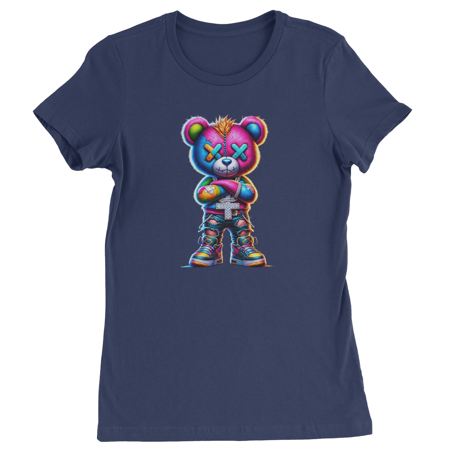 Stitched Neon Urban Graffiti Bear  Womens T-shirt Navy Blue