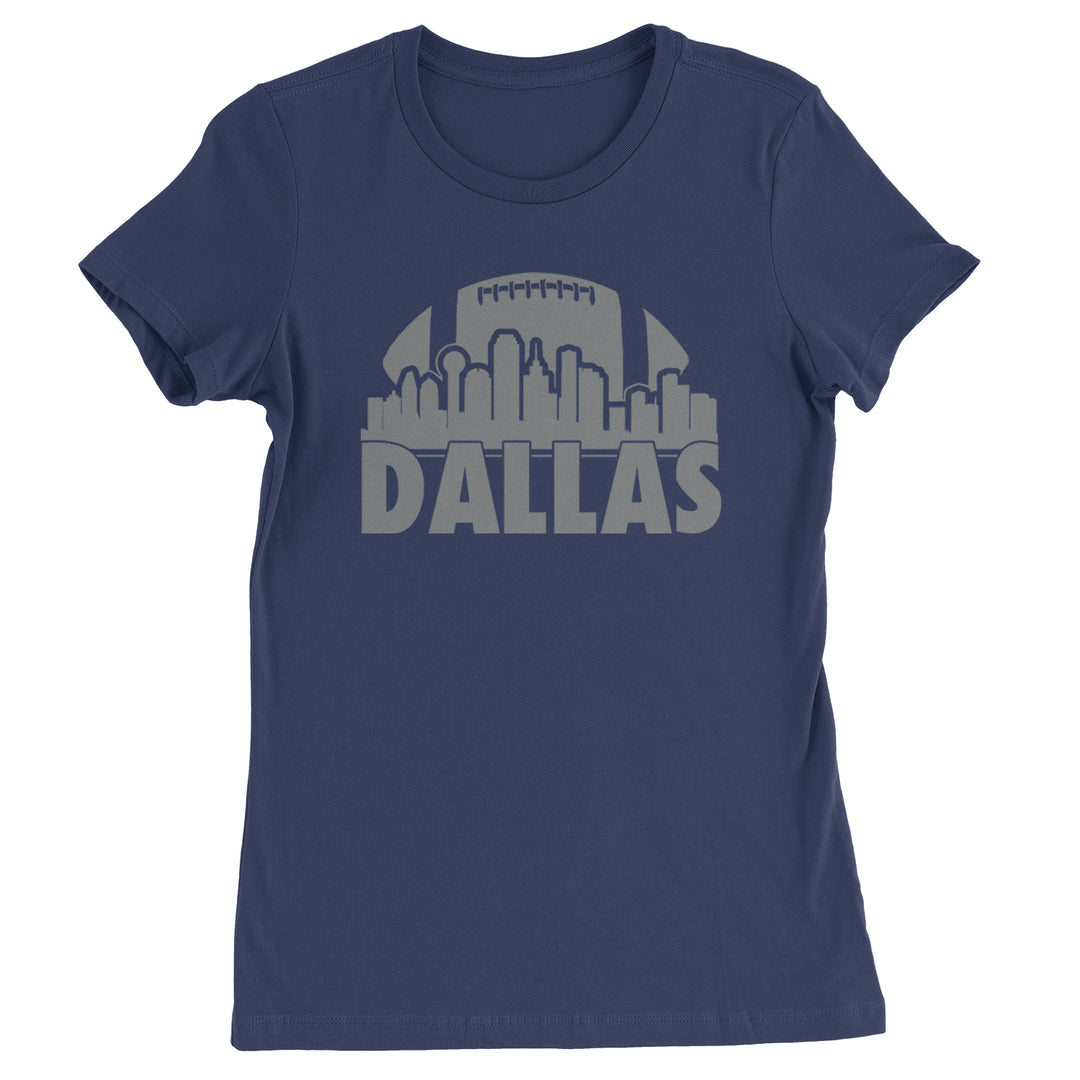 Dallas skyline silhouette topped with a football and bold city name on a Women's Heavyweight Cotton T-Shirt