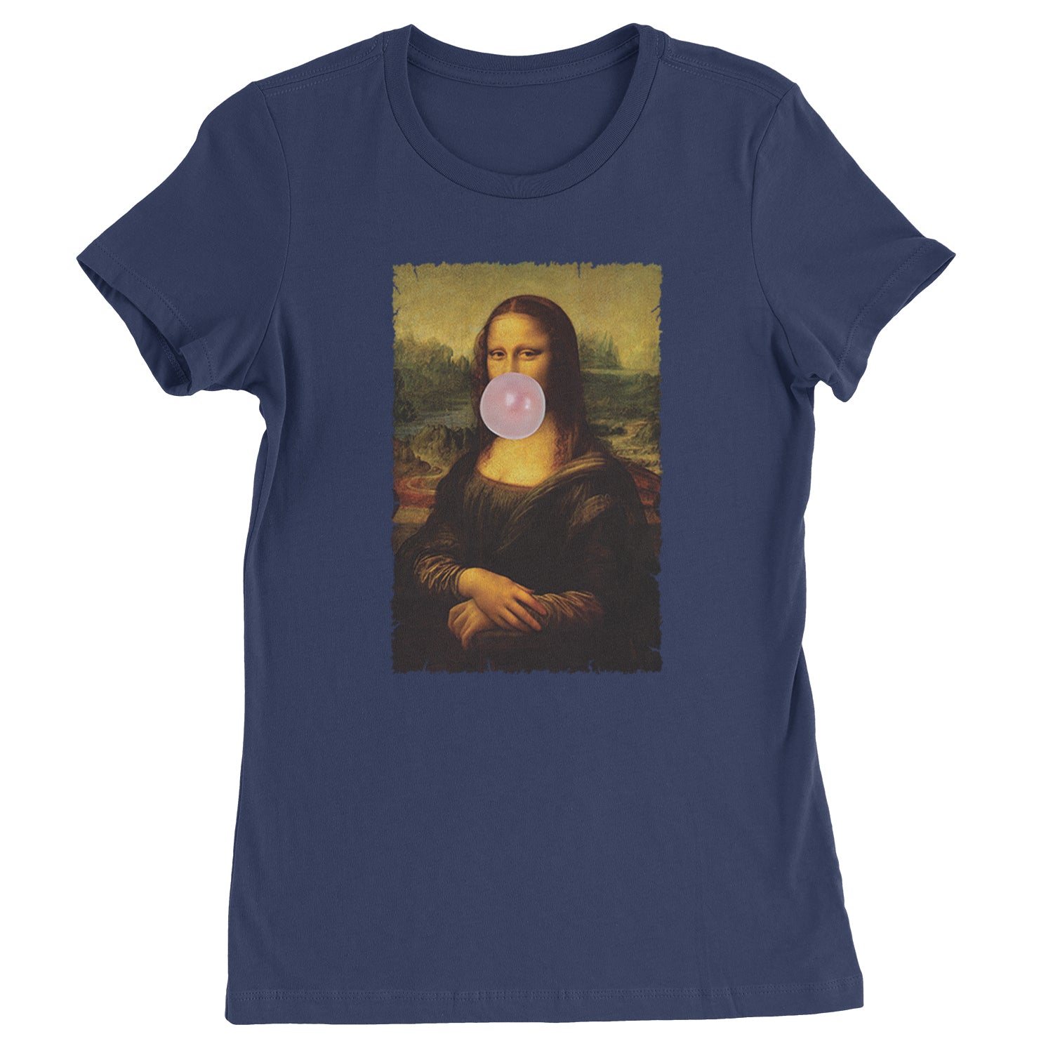 Mona Lisa Smile Pink Bubble Gum Da Vinci Icon Womens T-shirt Navy Blue