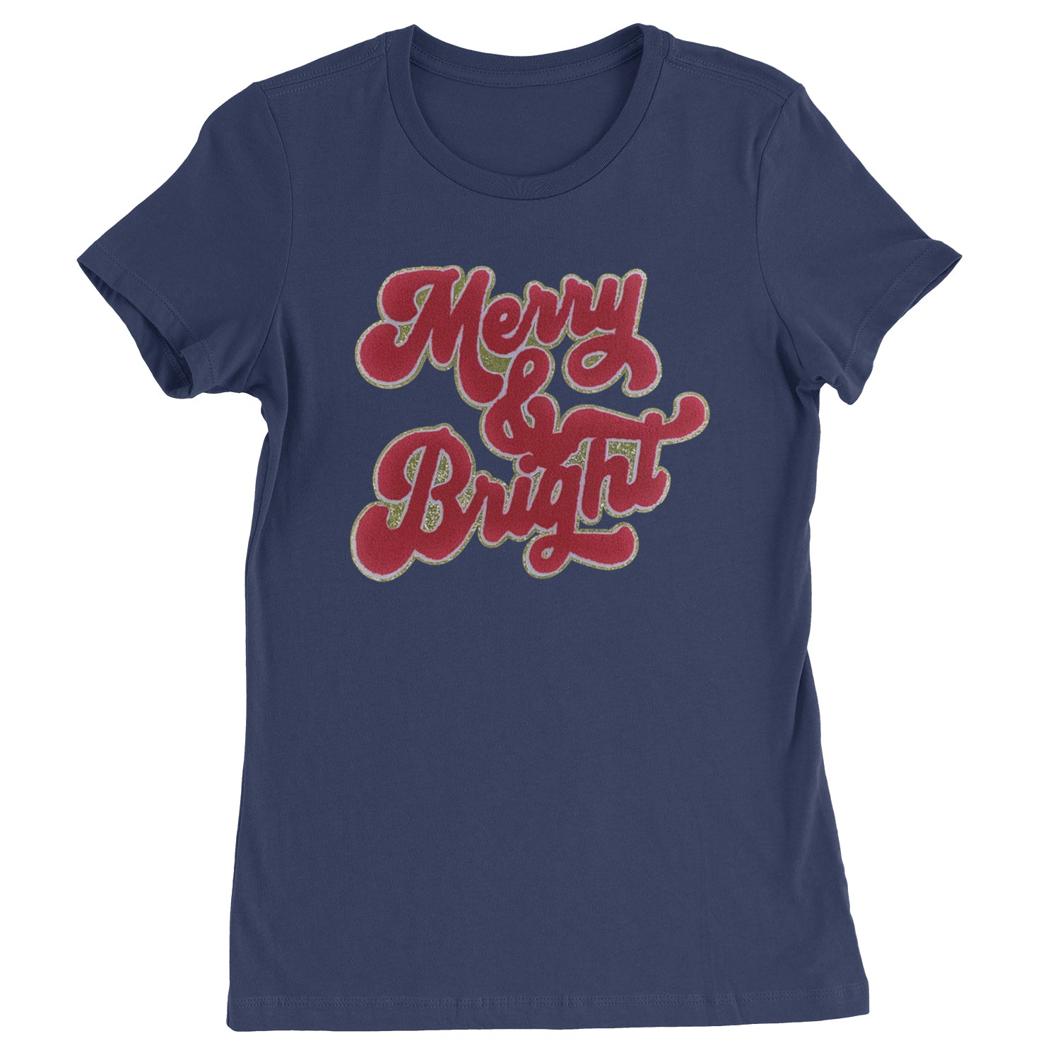 Merry & Bright Chenille Glitter  Womens T-shirt Navy Blue