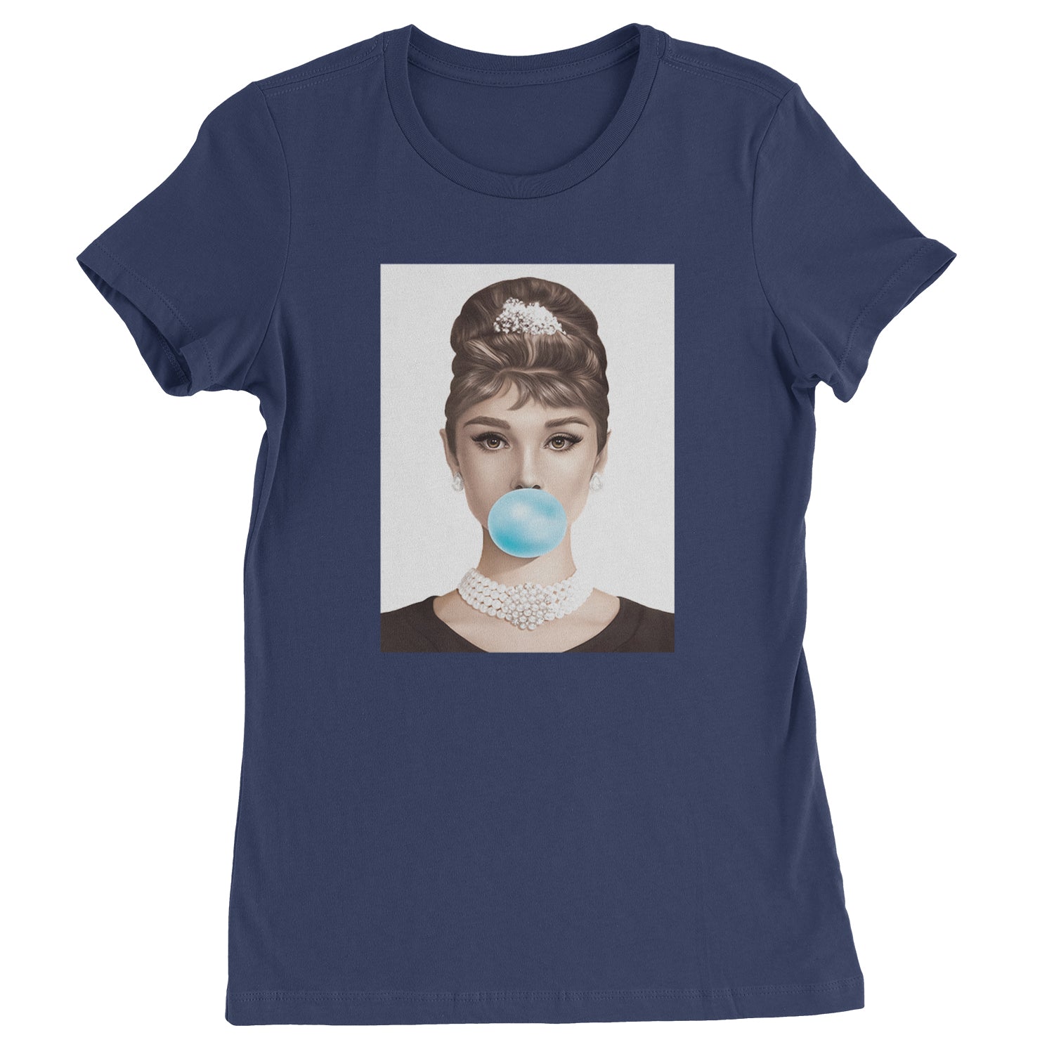 Audrey Hepburn Chewing Bubble Gum American Icon Womens T-shirt Navy Blue