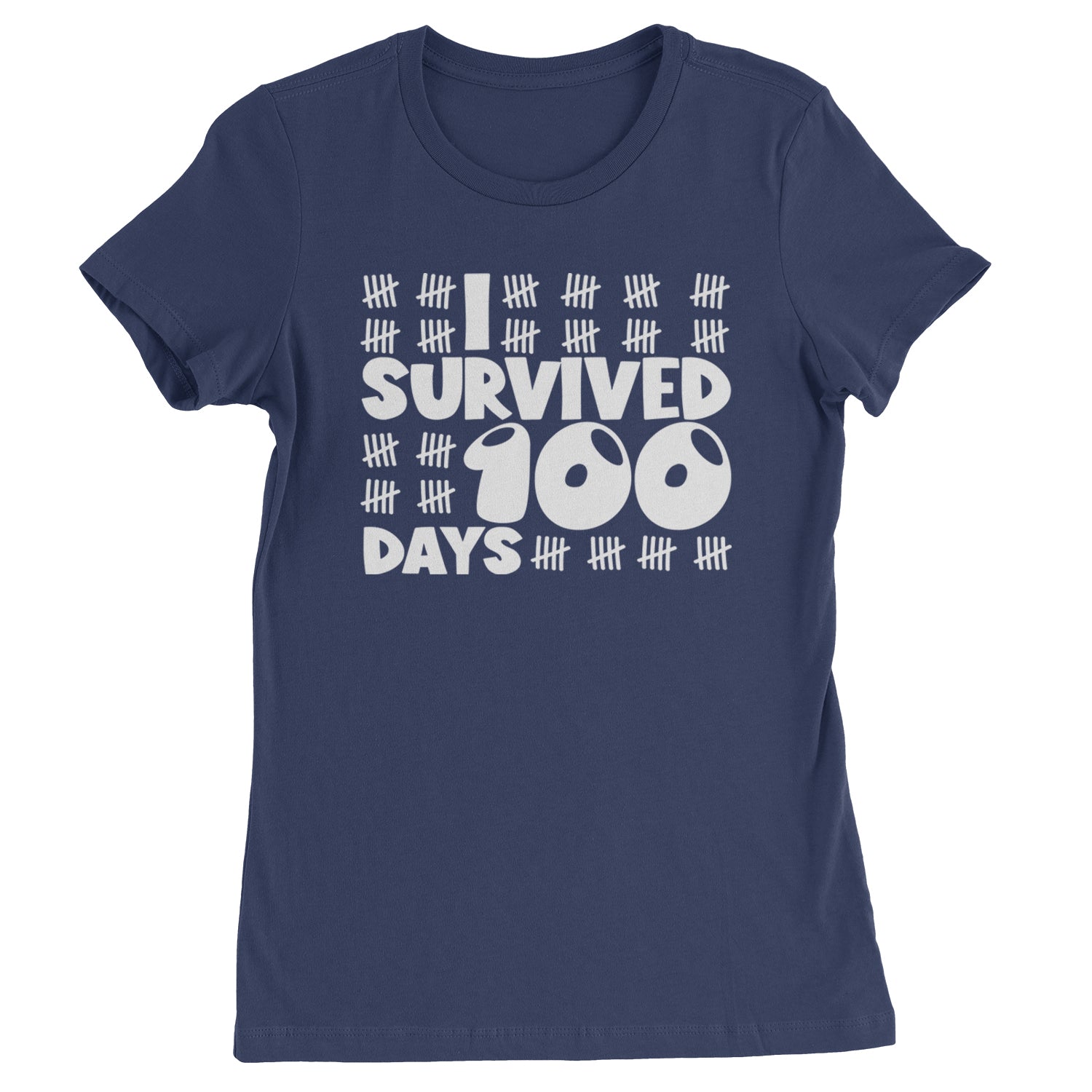 I Survived 100 Days Tally Marks Womens T-shirt Navy Blue