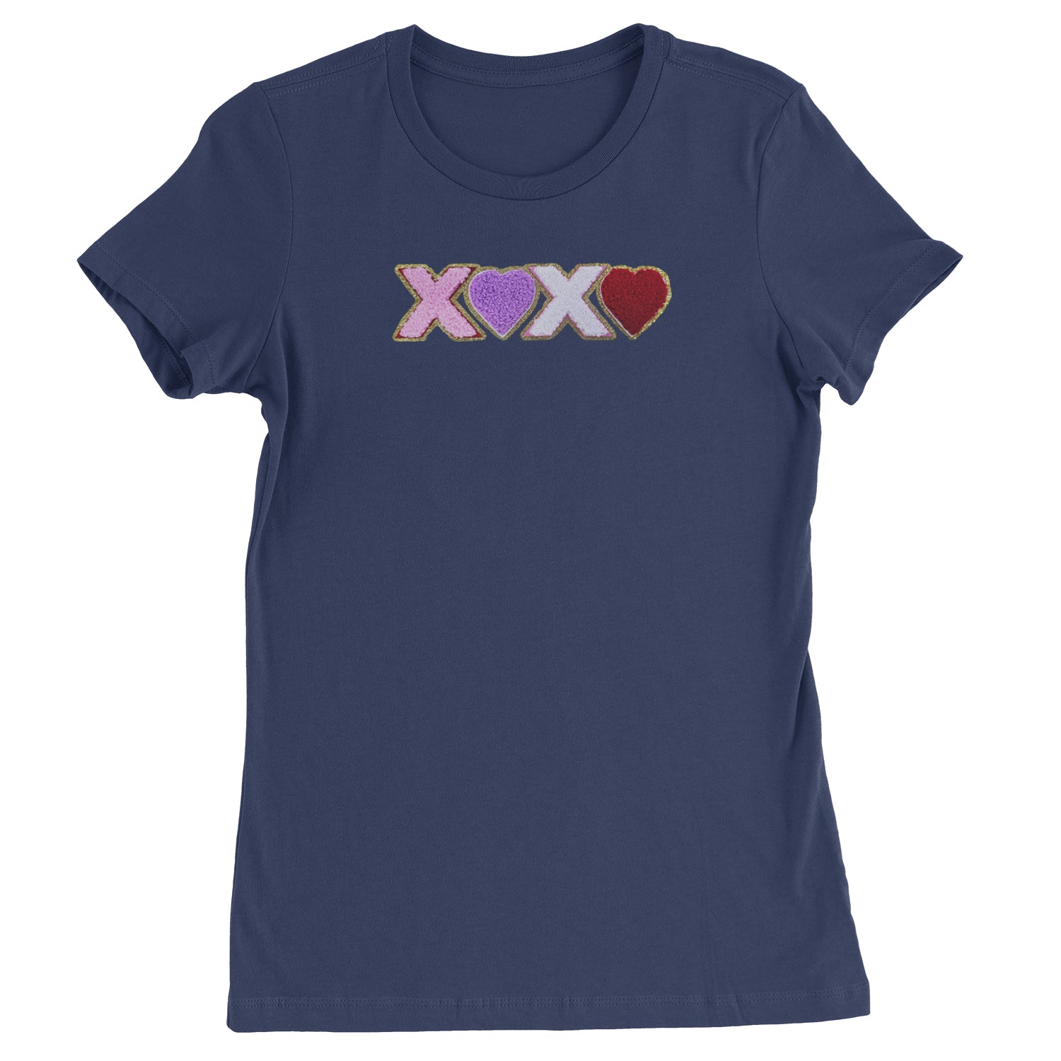 XOXO Chenille Patch Valentines Days  Womens T-shirt Navy Blue