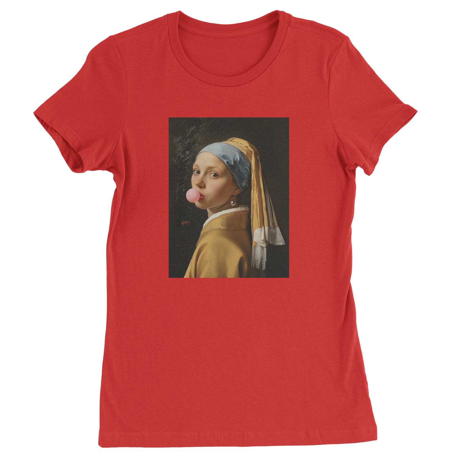 Girl with a Pearl Earring Bubble Gum Contemporary Art Womens T-shirt Red