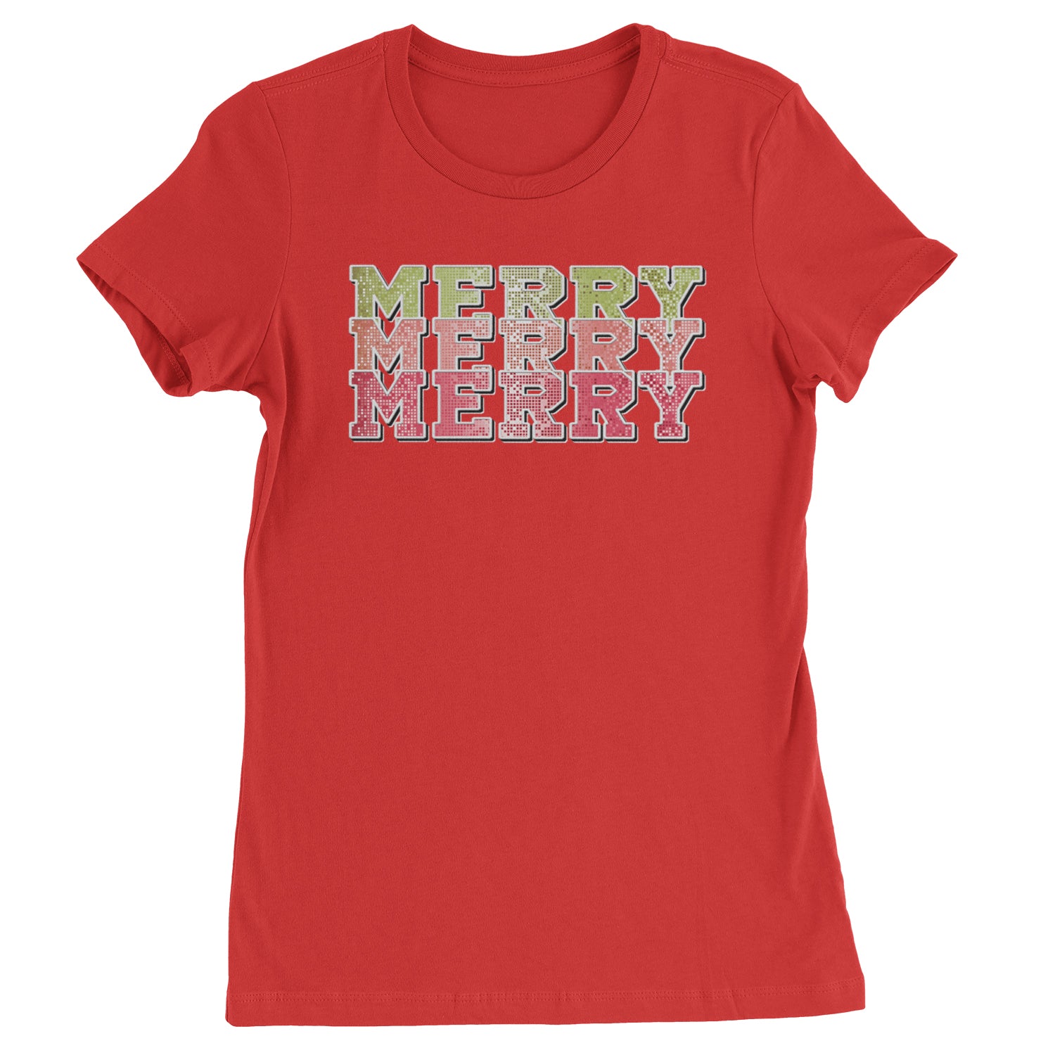 Merry Merry Merry Faux Sequins  Womens T-shirt Red