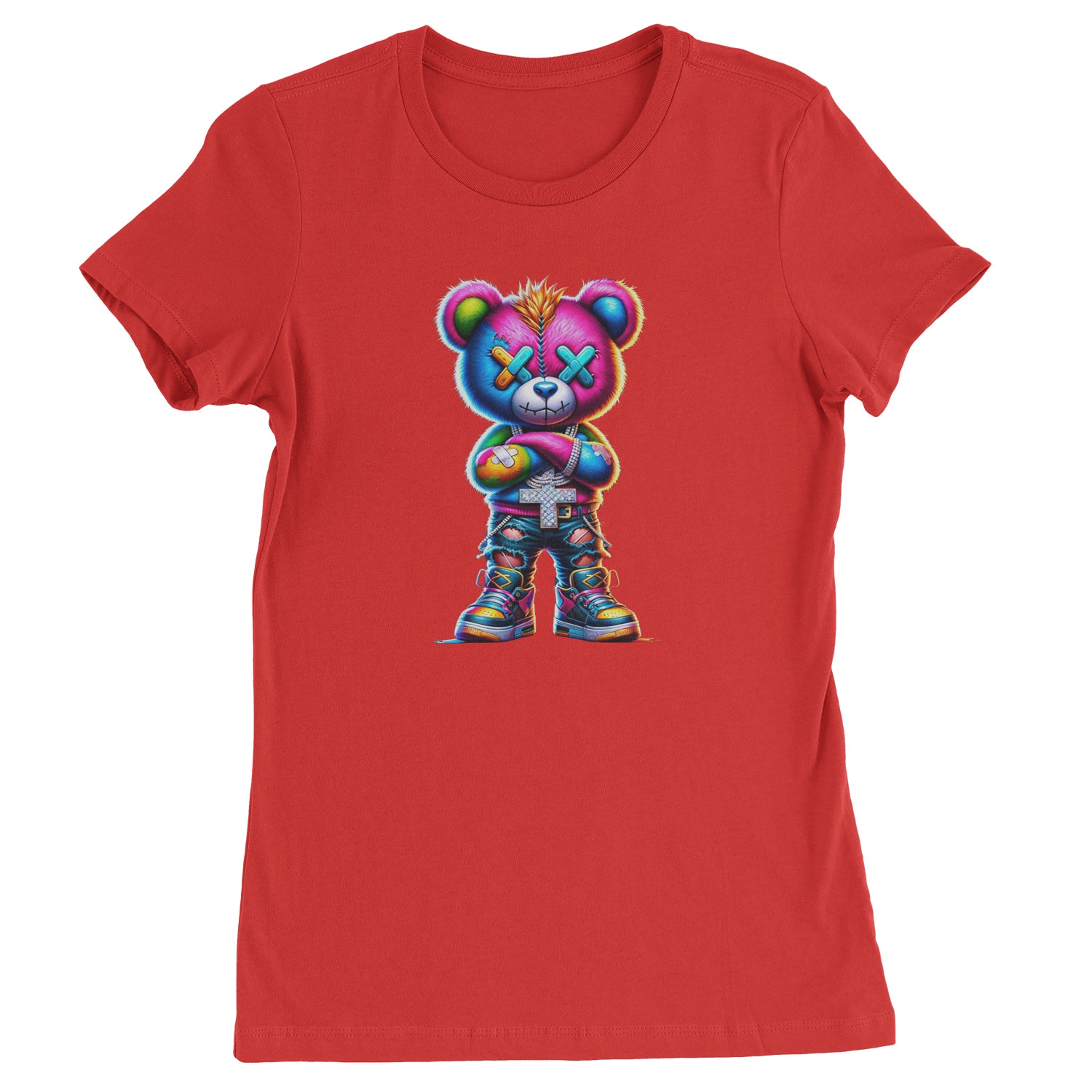 Stitched Neon Urban Graffiti Bear  Womens T-shirt Red