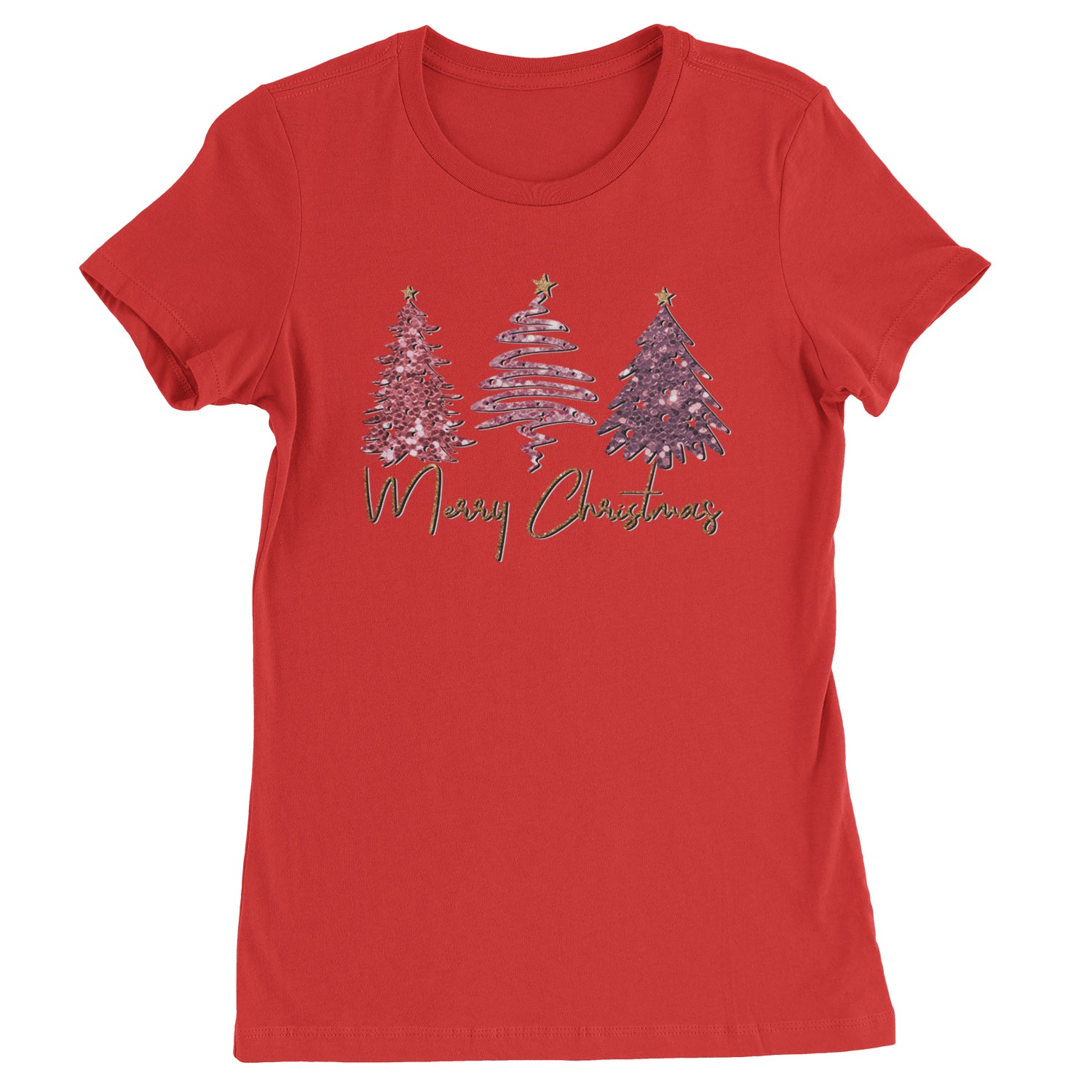 Merry Christmas Faux Glitter Trees  Womens T-shirt Red