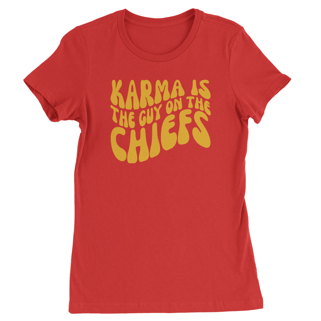 Chunky wavy yellow lettering on a bright red background printed on a Women's Heavyweight Cotton T-Shirt