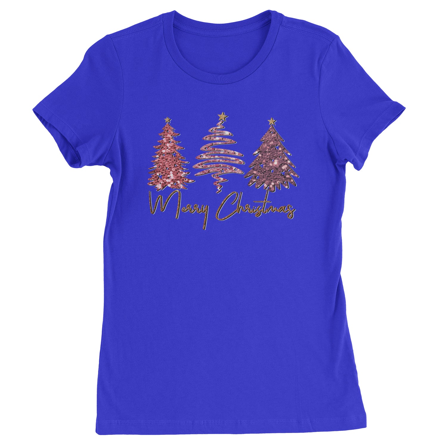 Merry Christmas Faux Glitter Trees  Womens T-shirt Royal Blue