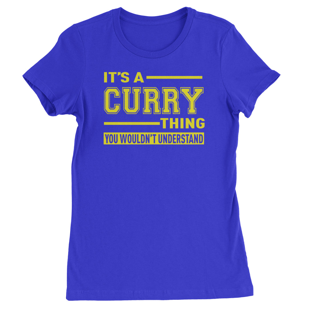 Varsity-style basketball humor text graphic in blue and yellow on a Women's Heavyweight Cotton T-Shirt with crew neck and cap sleeves