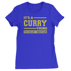Varsity-style basketball humor text graphic in blue and yellow on a Women's Heavyweight Cotton T-Shirt with crew neck and cap sleeves
