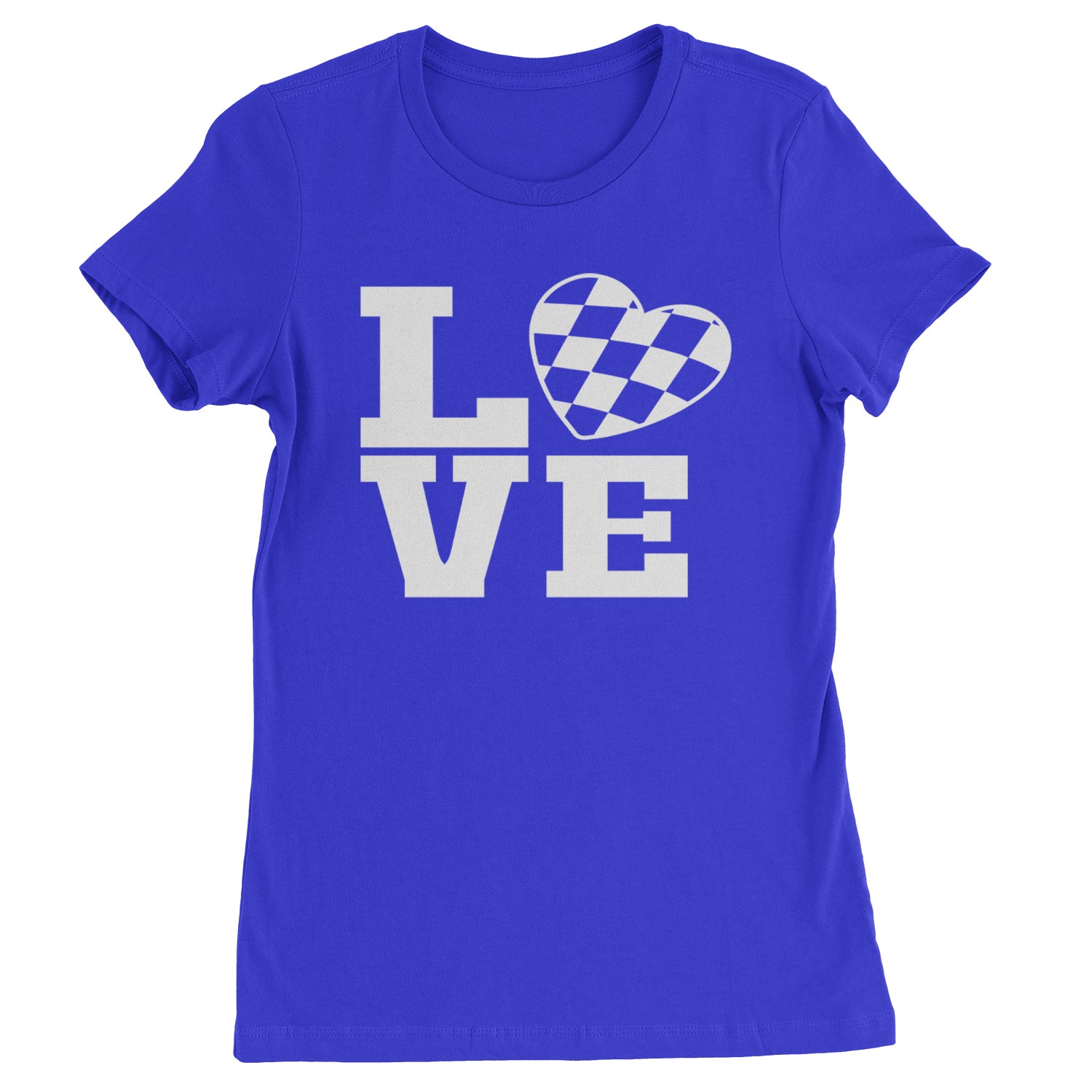 Love Racing Checkered Flag Heart Womens T-shirt Royal Blue