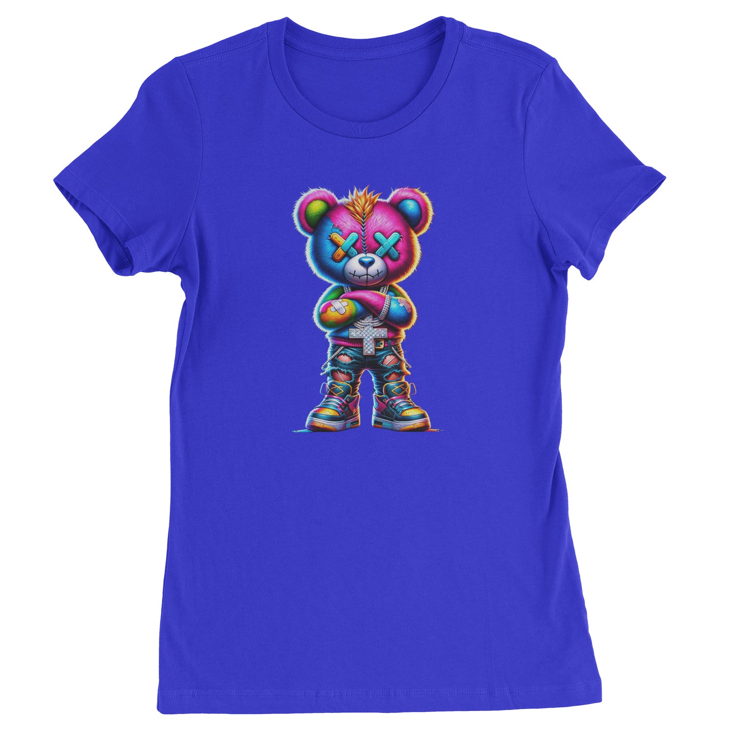 Stitched Neon Urban Graffiti Bear  Womens T-shirt Royal Blue