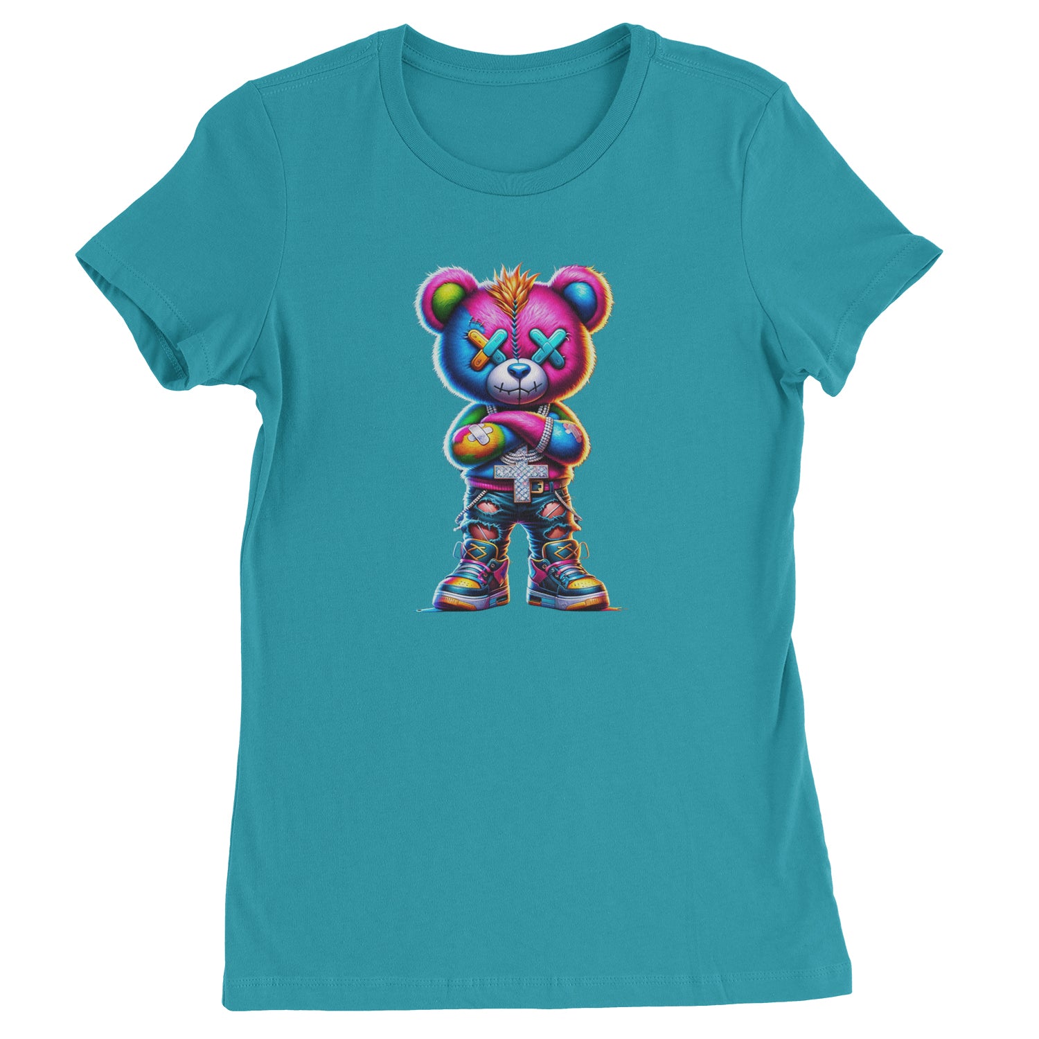 Stitched Neon Urban Graffiti Bear  Womens T-shirt Surf