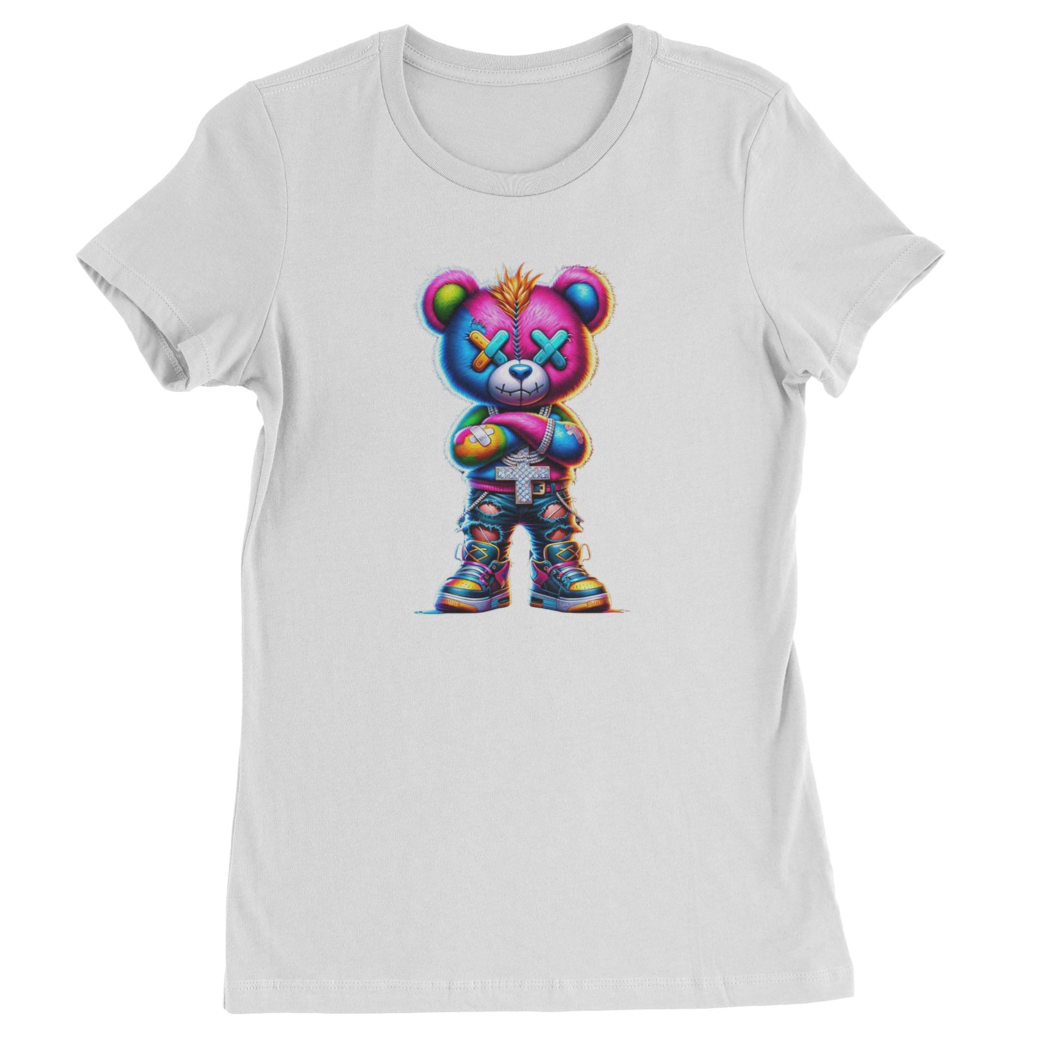 Stitched Neon Urban Graffiti Bear  Womens T-shirt White