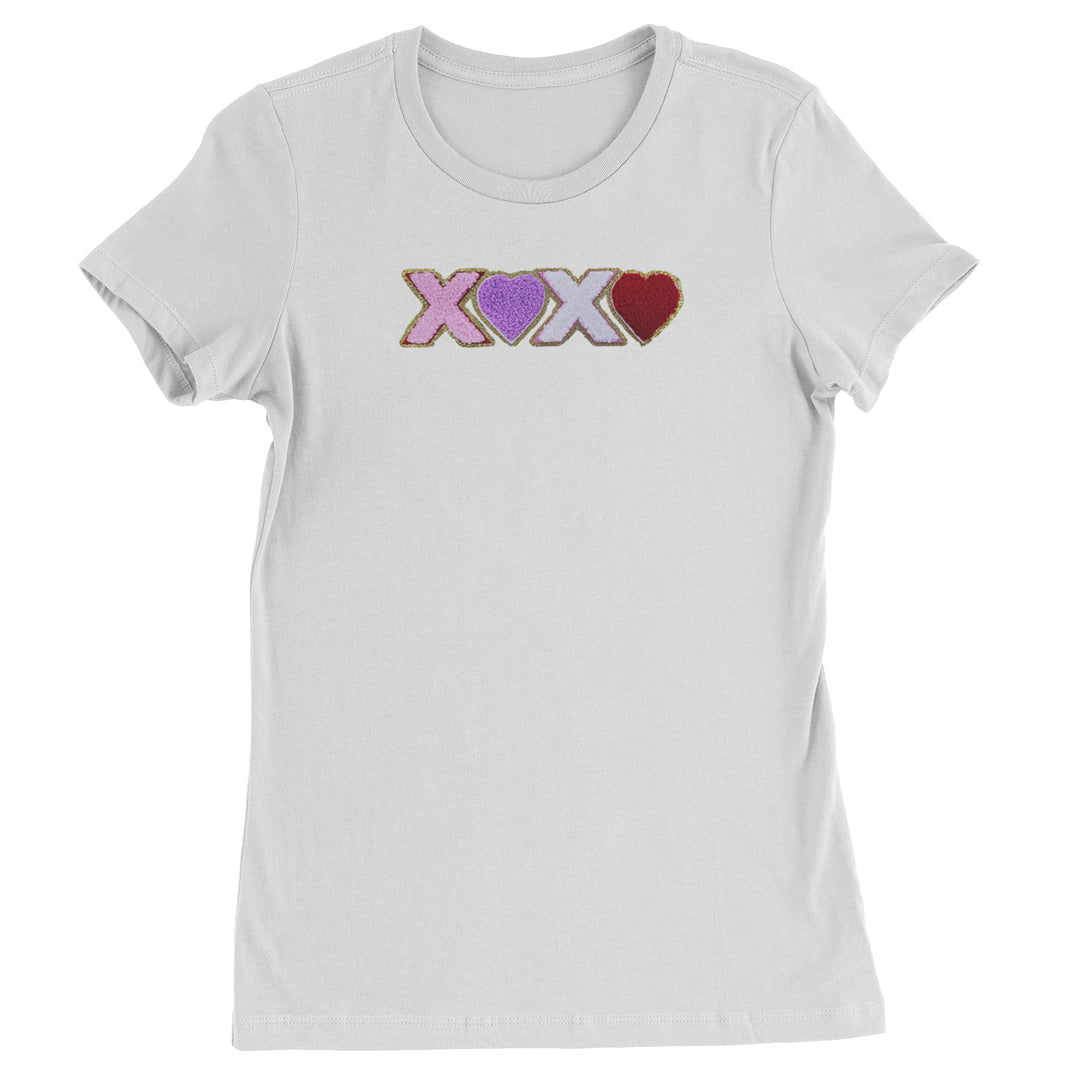 XOXO Chenille Patch Valentines Days  Womens T-shirt White
