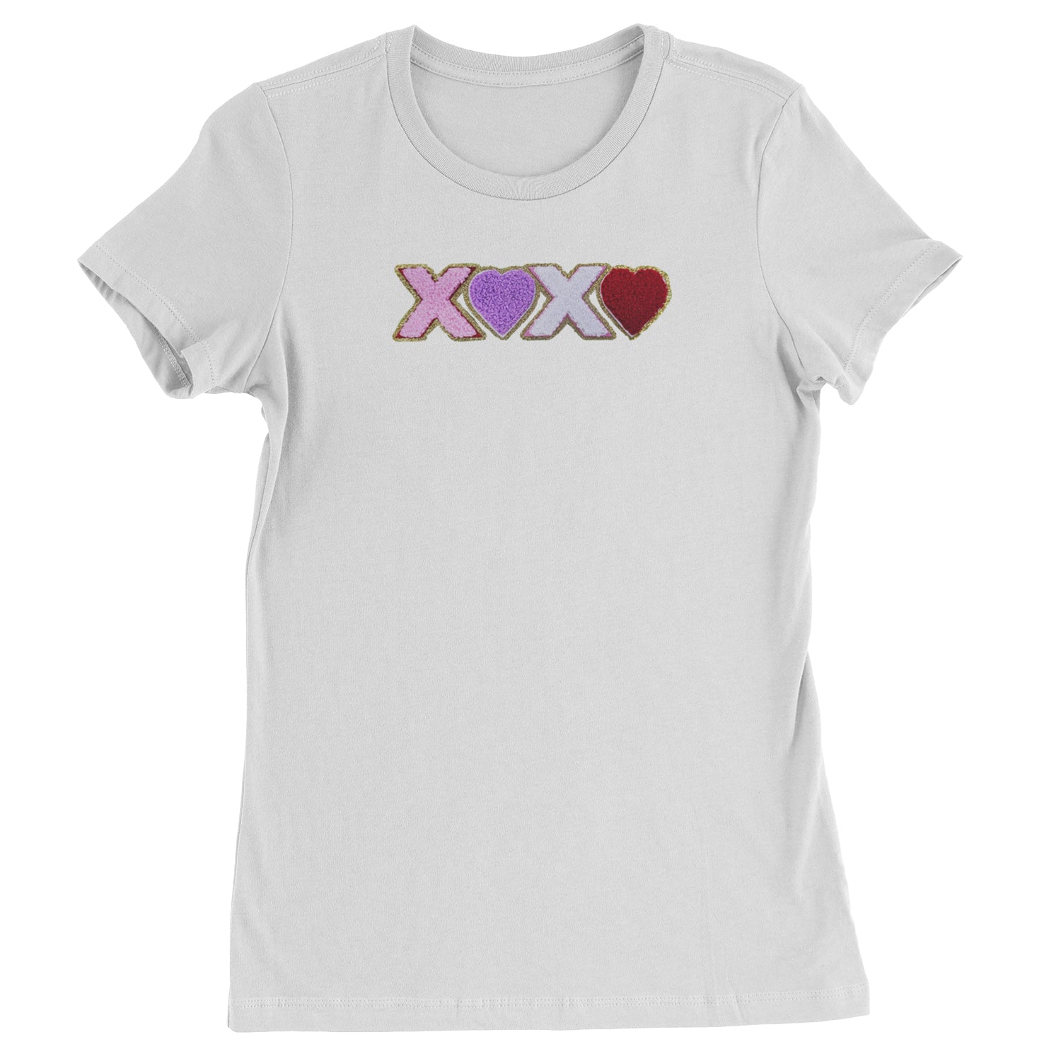 XOXO Chenille Patch Valentines Days  Womens T-shirt White