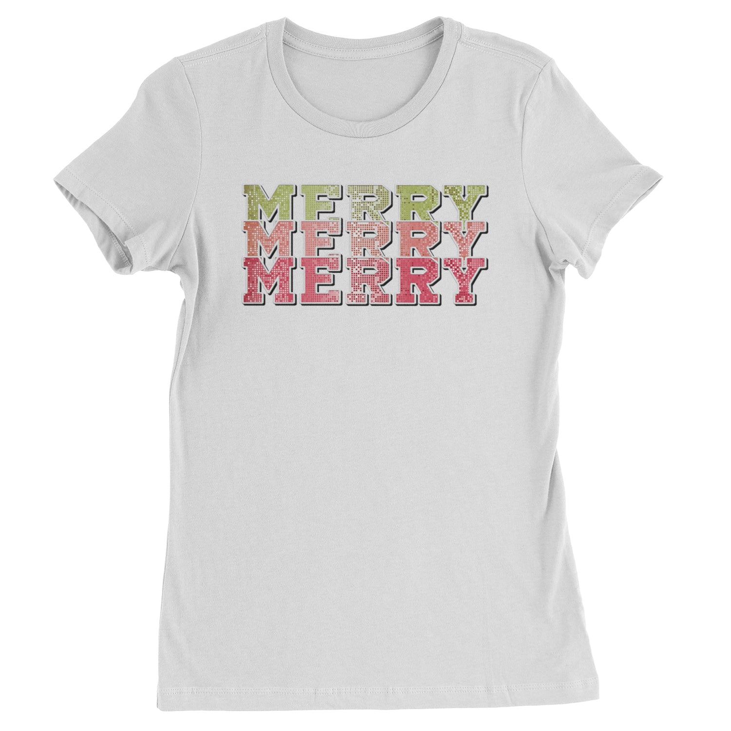 Merry Merry Merry Faux Sequins  Womens T-shirt White