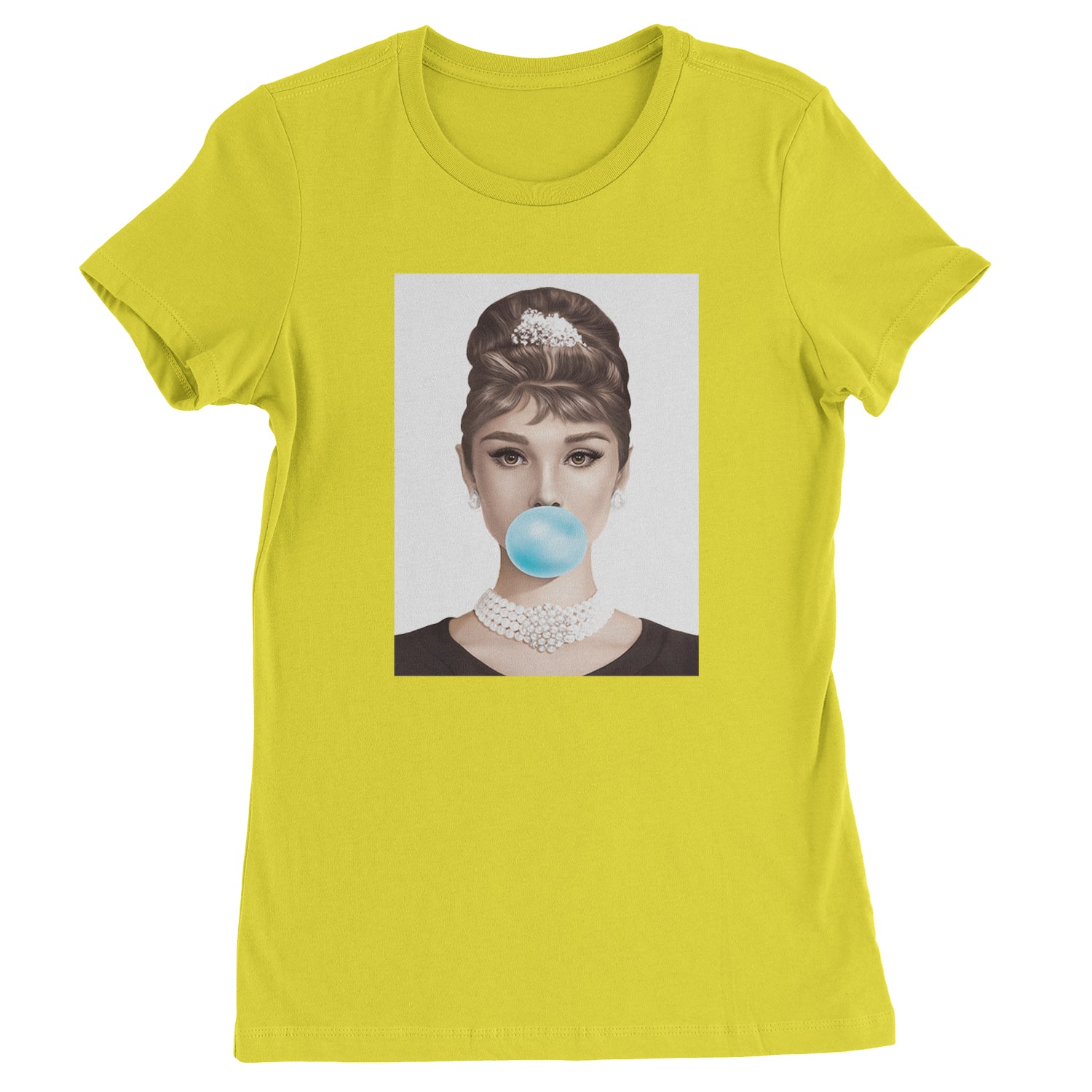 Audrey Hepburn Chewing Bubble Gum American Icon Womens T-shirt Yellow