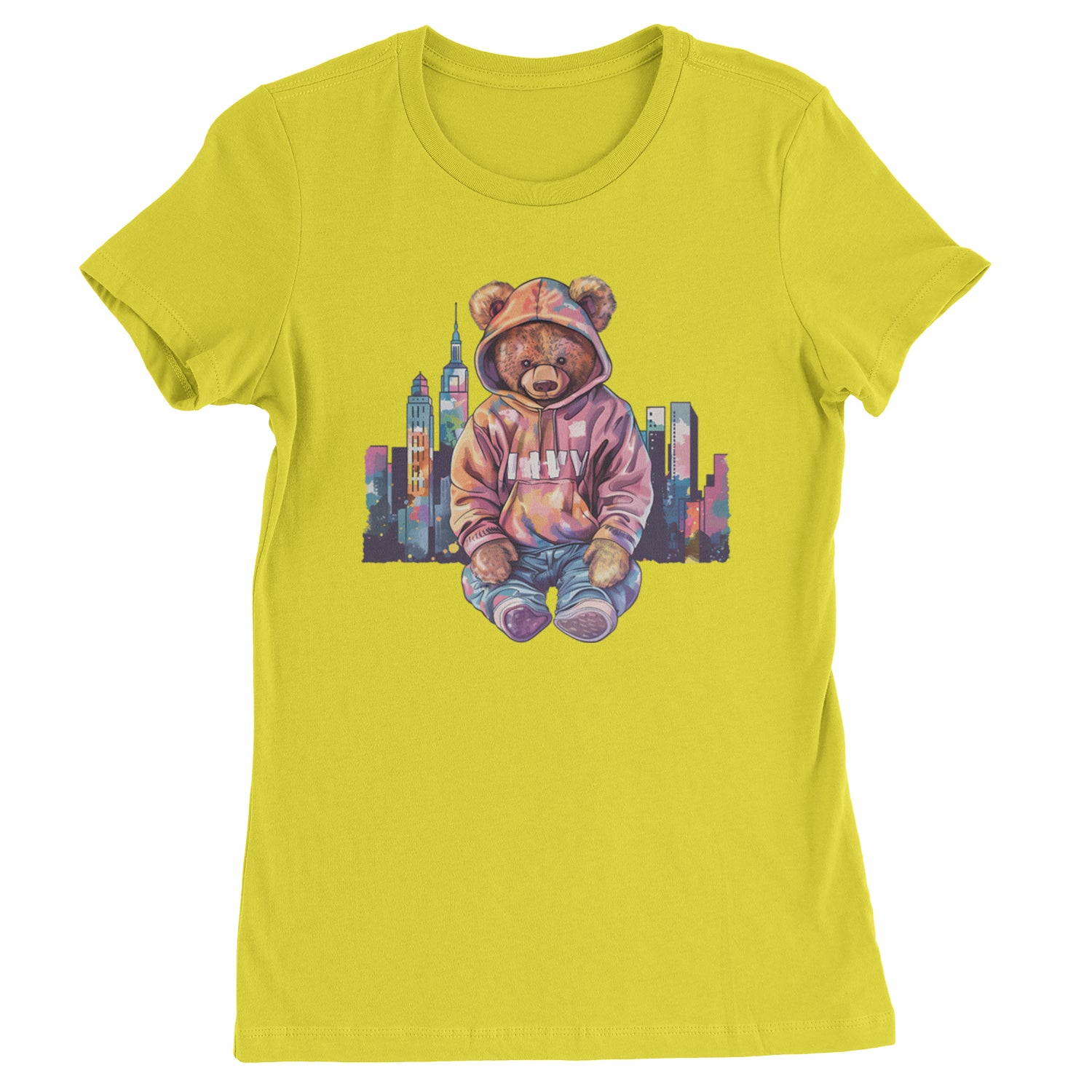 City Skyline Urban Graffiti Bear  Womens T-shirt Yellow