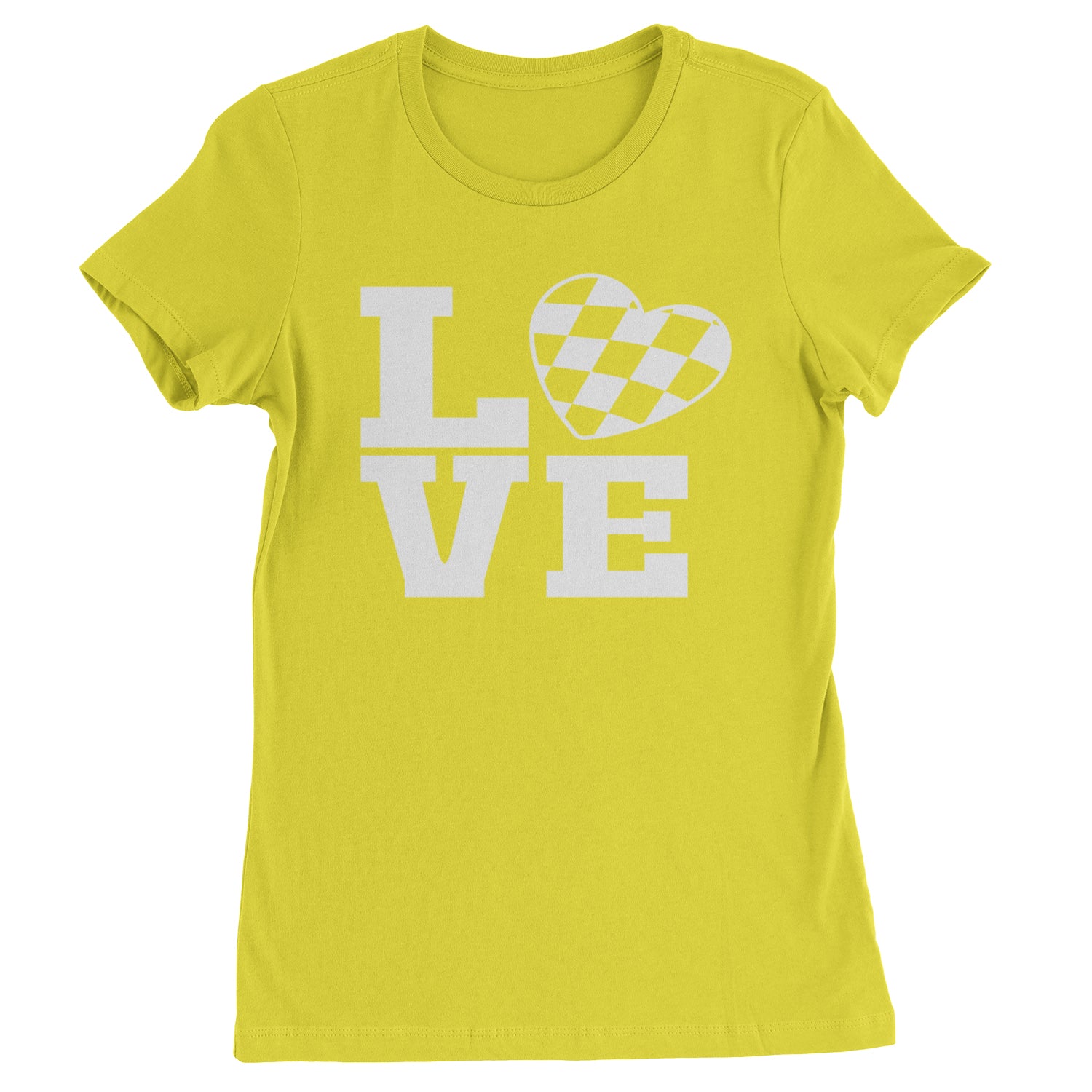 Love Racing Checkered Flag Heart Womens T-shirt Yellow