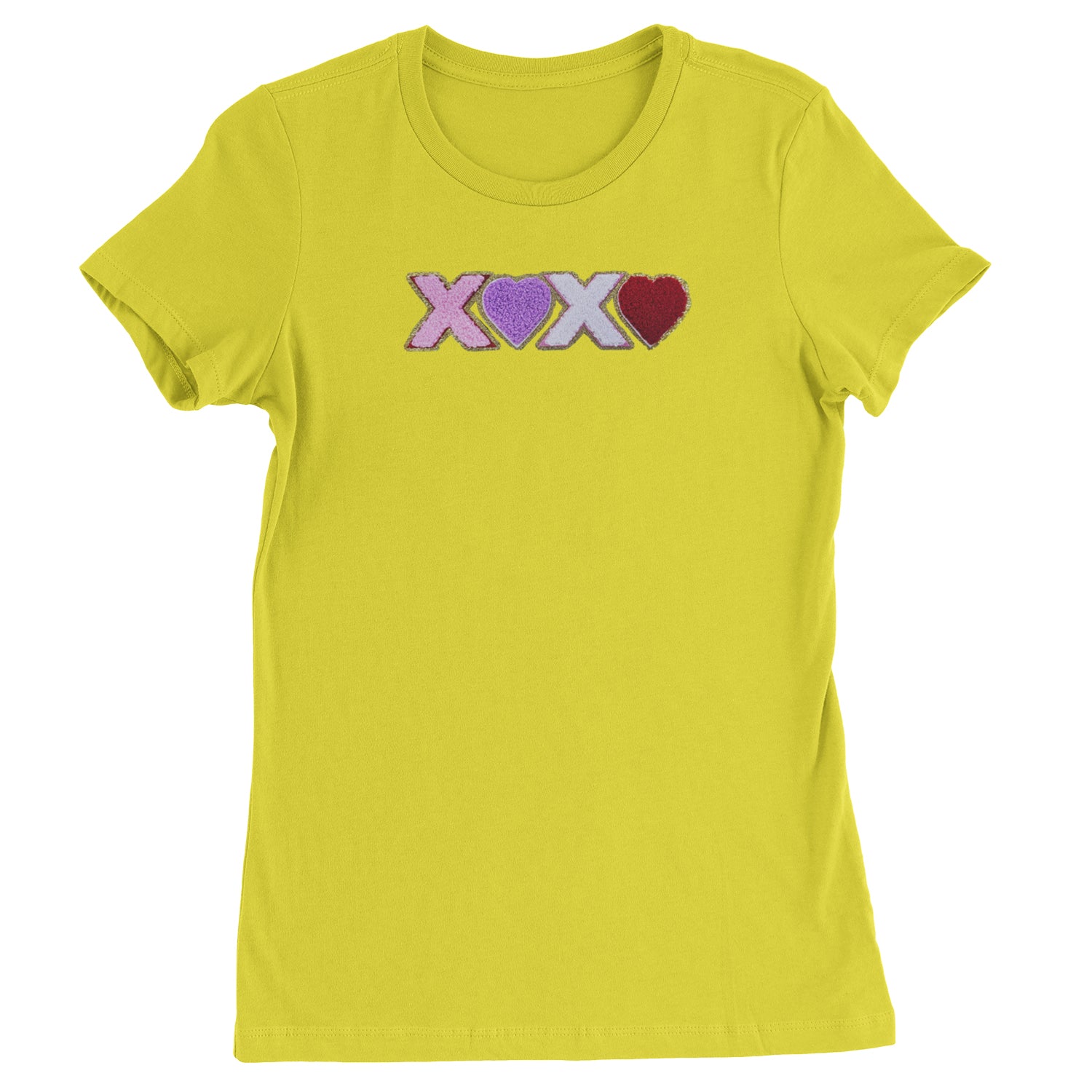 XOXO Chenille Patch Valentines Days  Womens T-shirt Yellow