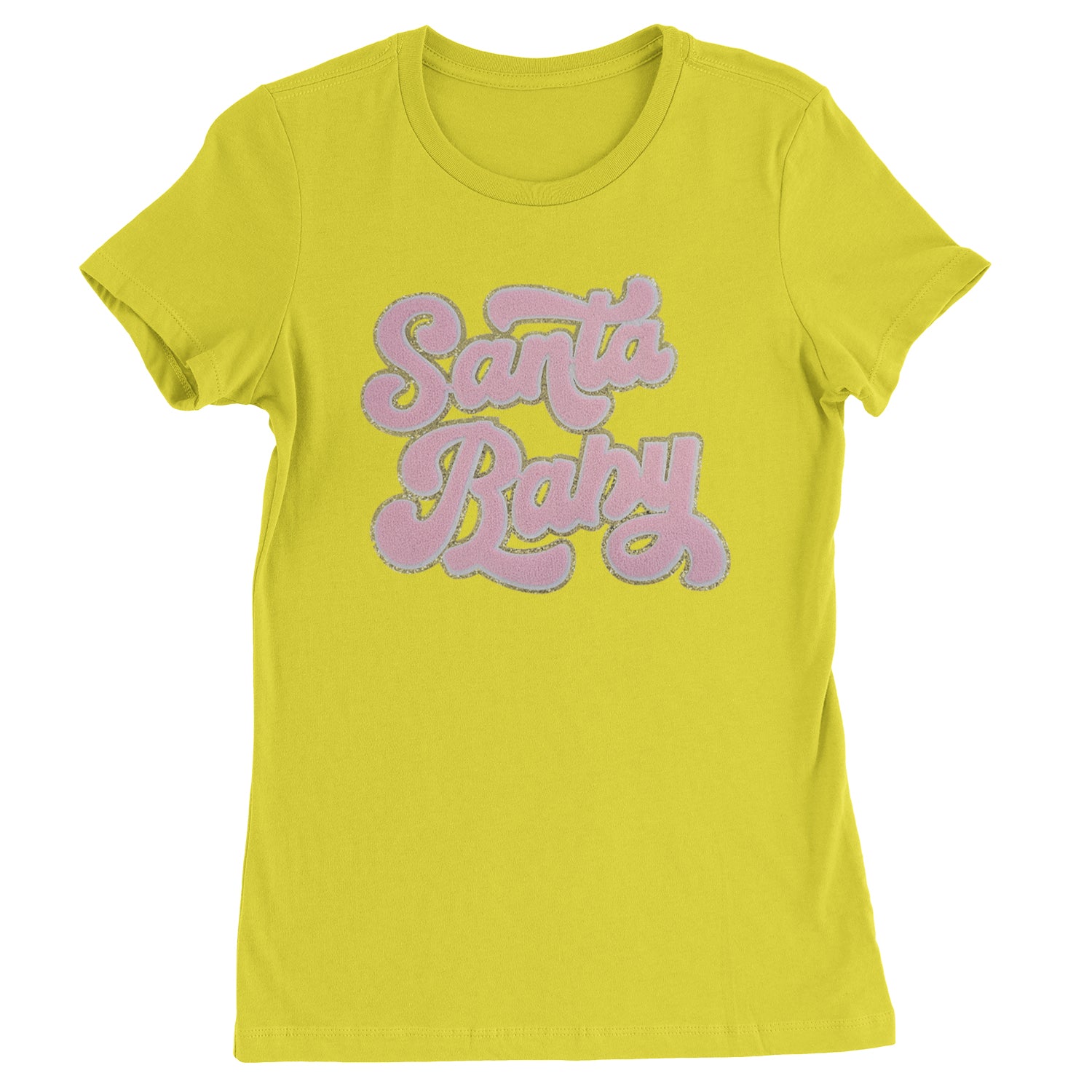 Pink Santa Baby Chenille Patch  Womens T-shirt Yellow