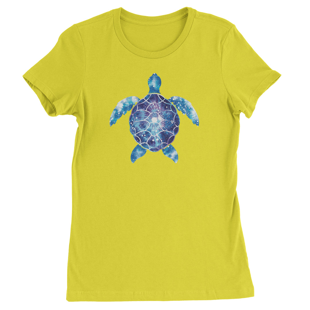 Blue and purple tie-dye sea turtle silhouette with white shell linework on a Women's Heavyweight Cotton T-Shirt
