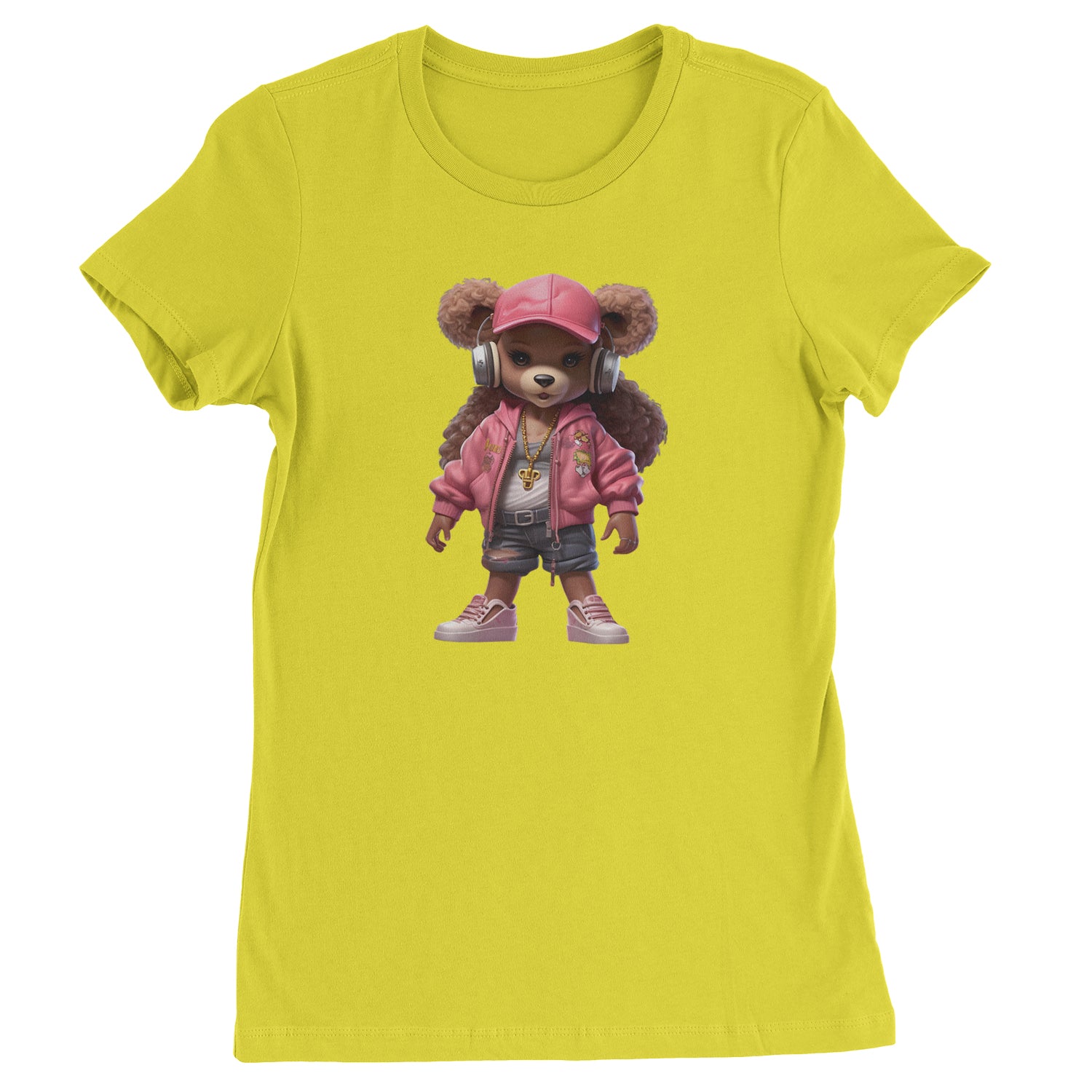 Pink Female Urban Graffiti Bear  Womens T-shirt Yellow