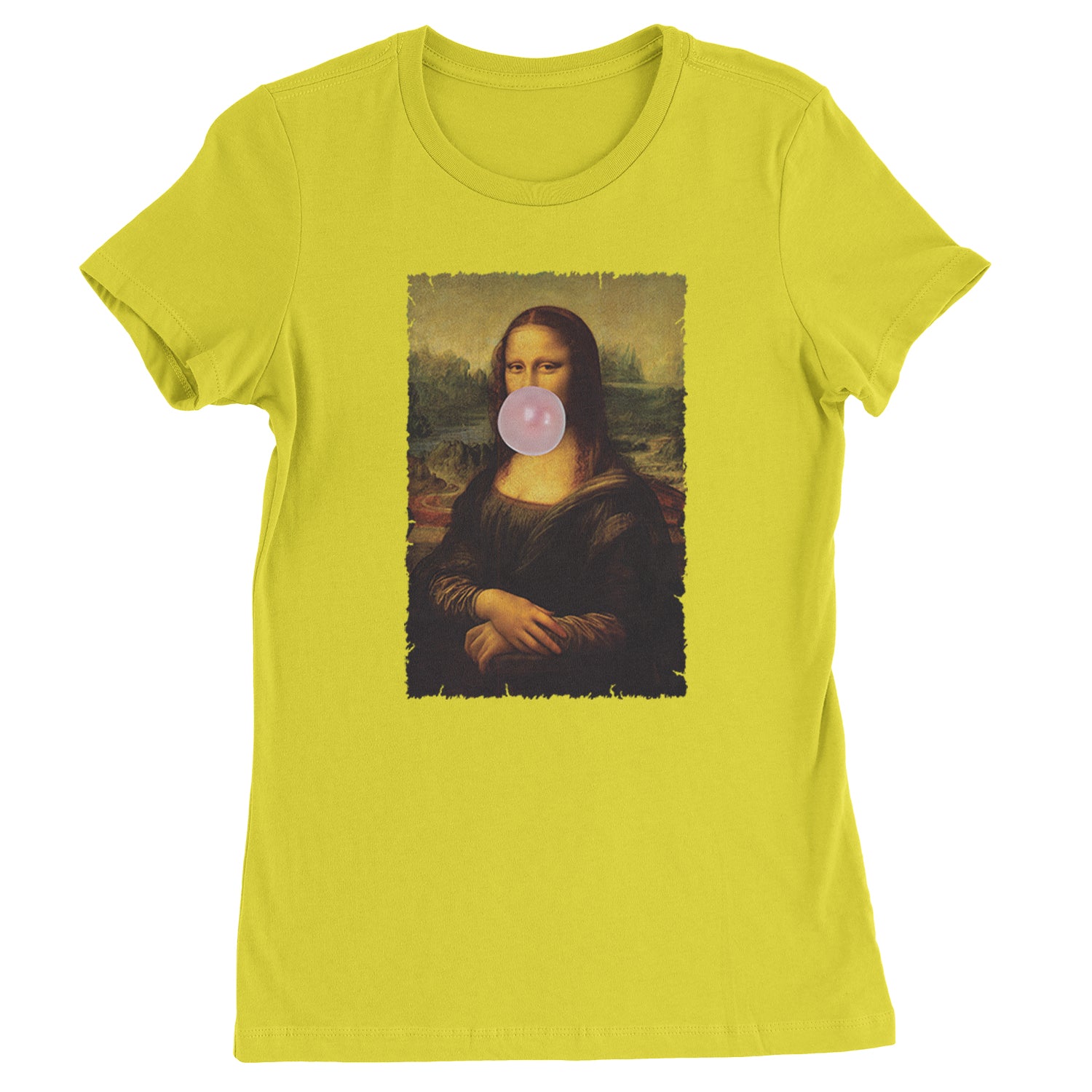 Mona Lisa Smile Pink Bubble Gum Da Vinci Icon Womens T-shirt Yellow