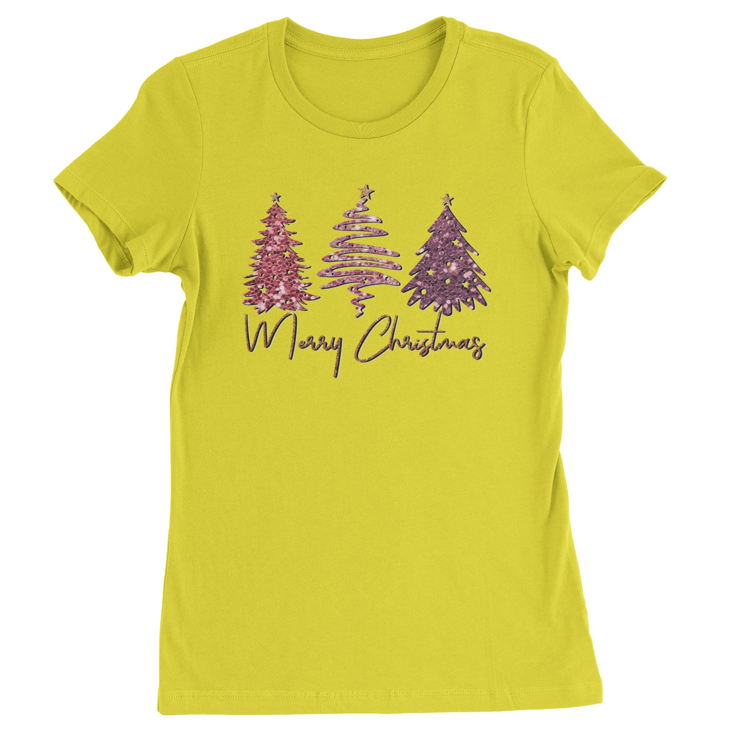 Merry Christmas Faux Glitter Trees  Womens T-shirt Yellow