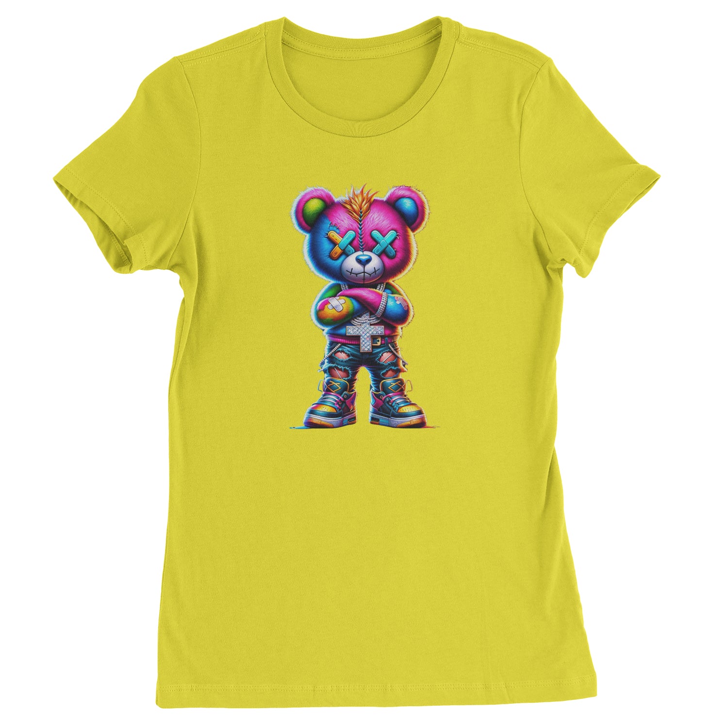 Stitched Neon Urban Graffiti Bear  Womens T-shirt Yellow